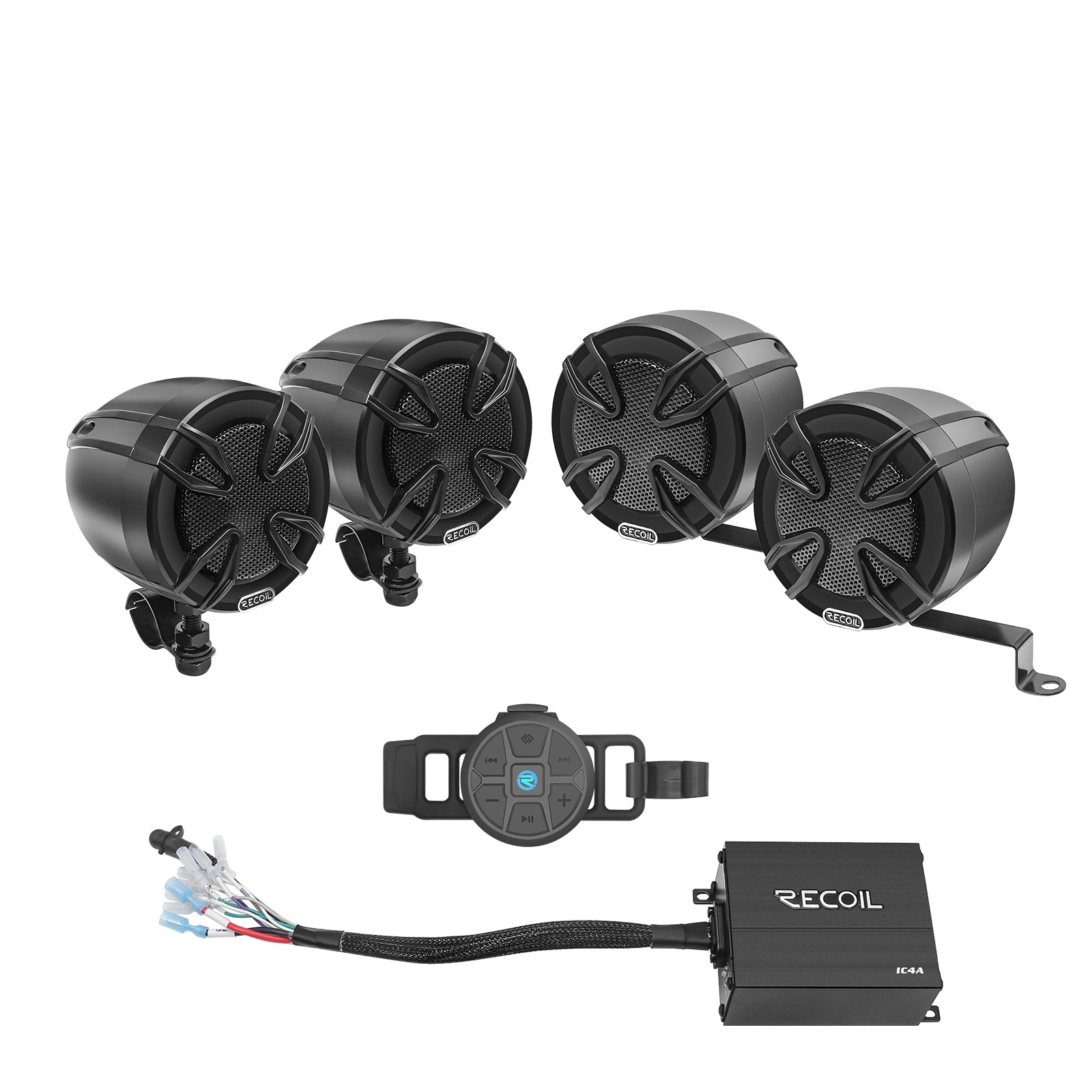 R3B-Q - Complete Quad Bluetooth Speakers System, Super Loud 3” Speakers, 360 Watts Class-D Amplifier with Built-in Bluetooth, Waterproof Wireless Remote, Great for Use with ATV, Motorcycle, Golf Cart & 12 Volt Vehicles