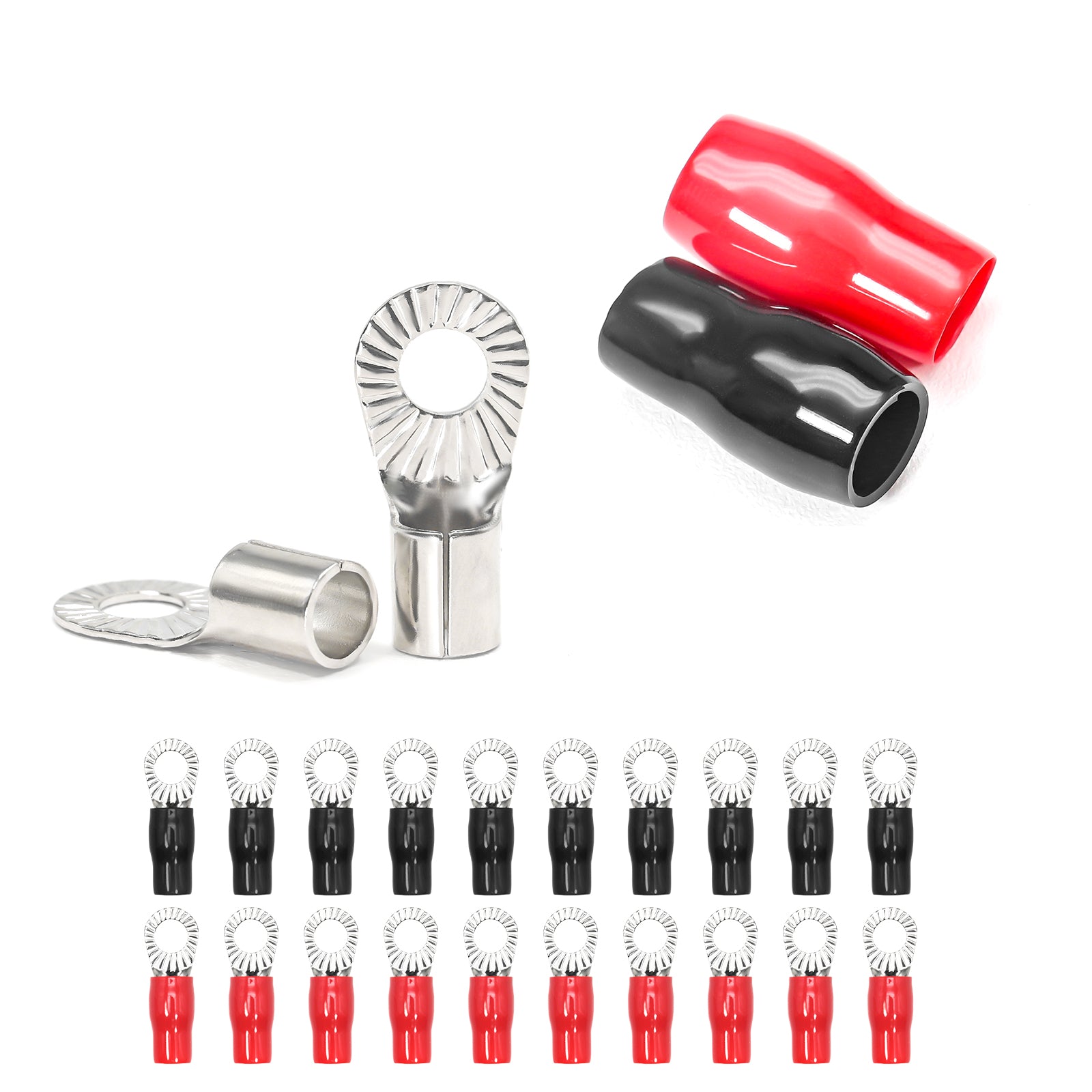 RT4516-20 - 20pcs 4awg Copper Ring Terminals, 5/16” Ring Hole, Shiny Nickel Plated Crimp Ring Terminals with 20pcs Red & Black Soft Boots
