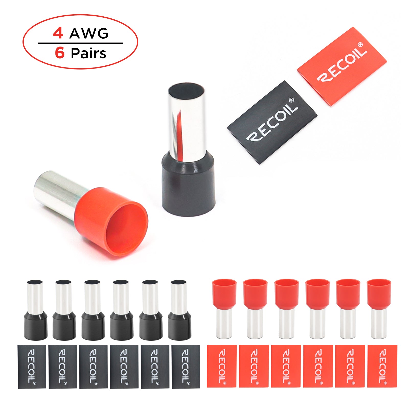 WF412 - Wire Ferrules with Heat Shrink Tubes, 4awg, 6 Red/6 Black