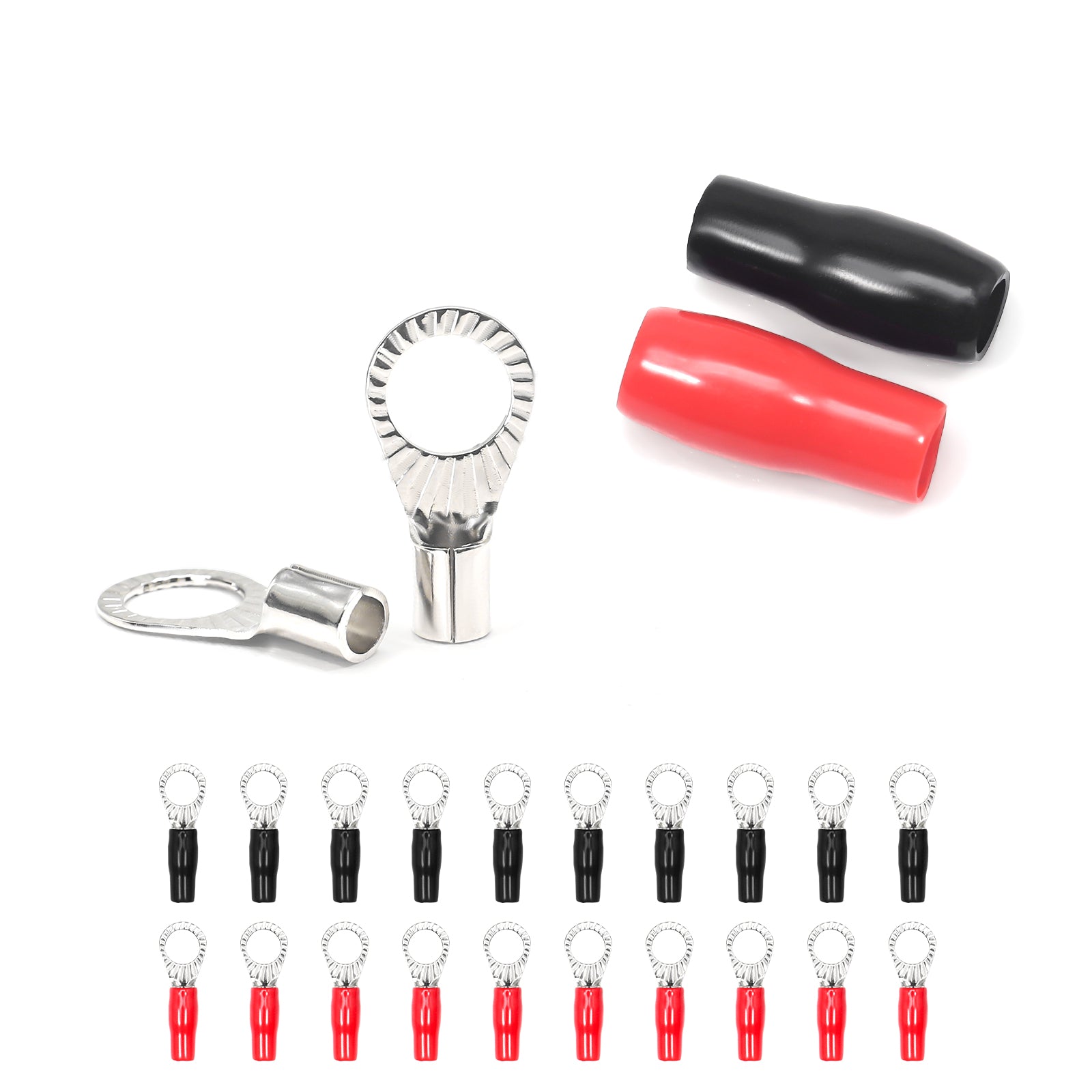 RT838-20 - 20pcs 8awg Copper Ring Terminals, 3/8” Ring Hole, Shiny Nickel Plated Crimp Ring Terminals with 20pcs Red & Black Soft Boots