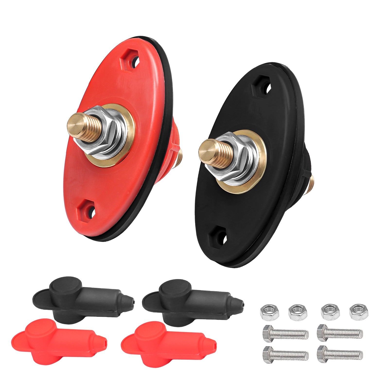 BTTP-38 - Premium High Current 3/8” Feed-thru Panel Battery Terminal Connectors with Silicone Terminal Covers, Red & Black Pair