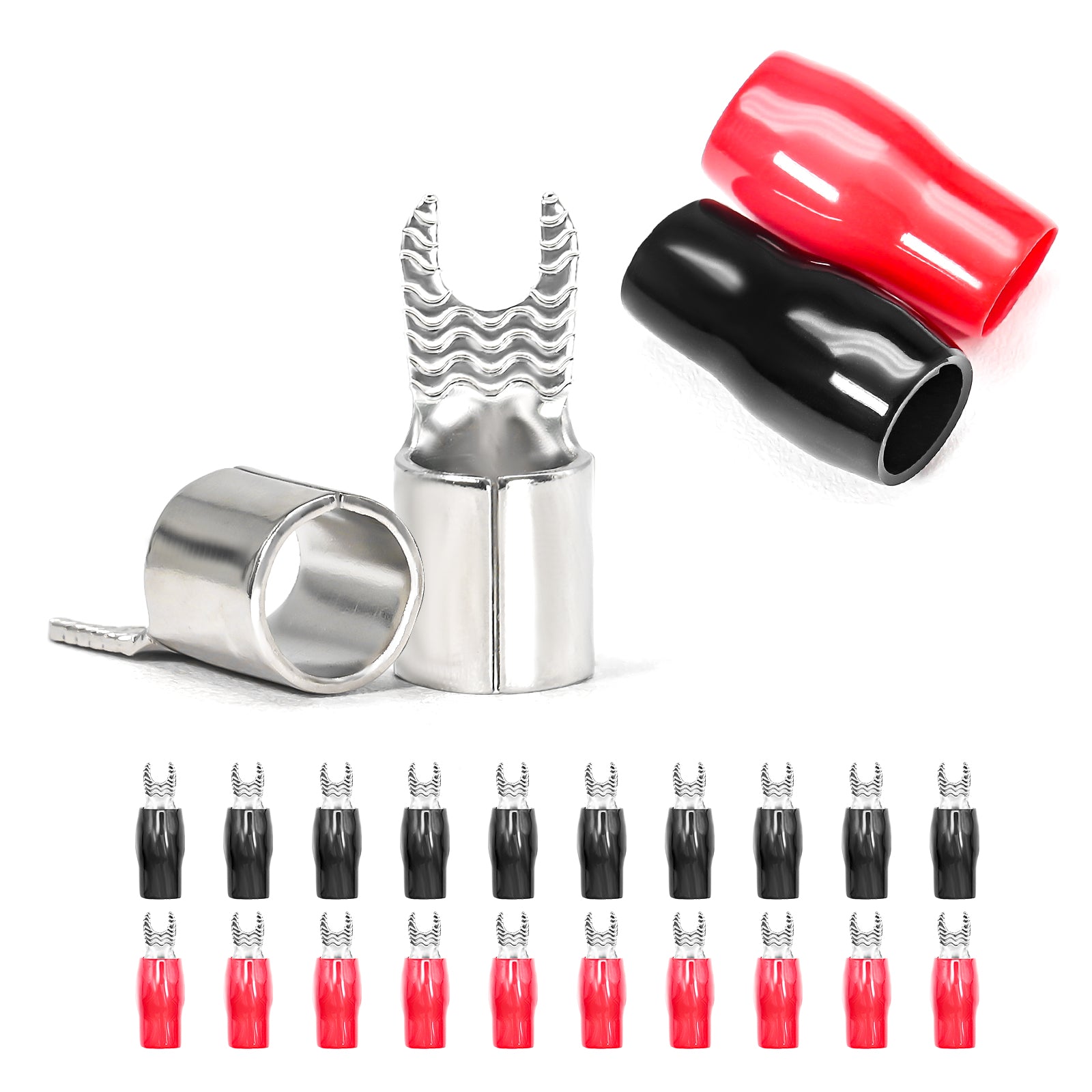 ST408-20 - 20pcs 4awg Copper Spade Terminals, #8 Opening, Shiny Nickel Plated Crimp Ring Terminals with 20pcs Red & Black Soft Boots