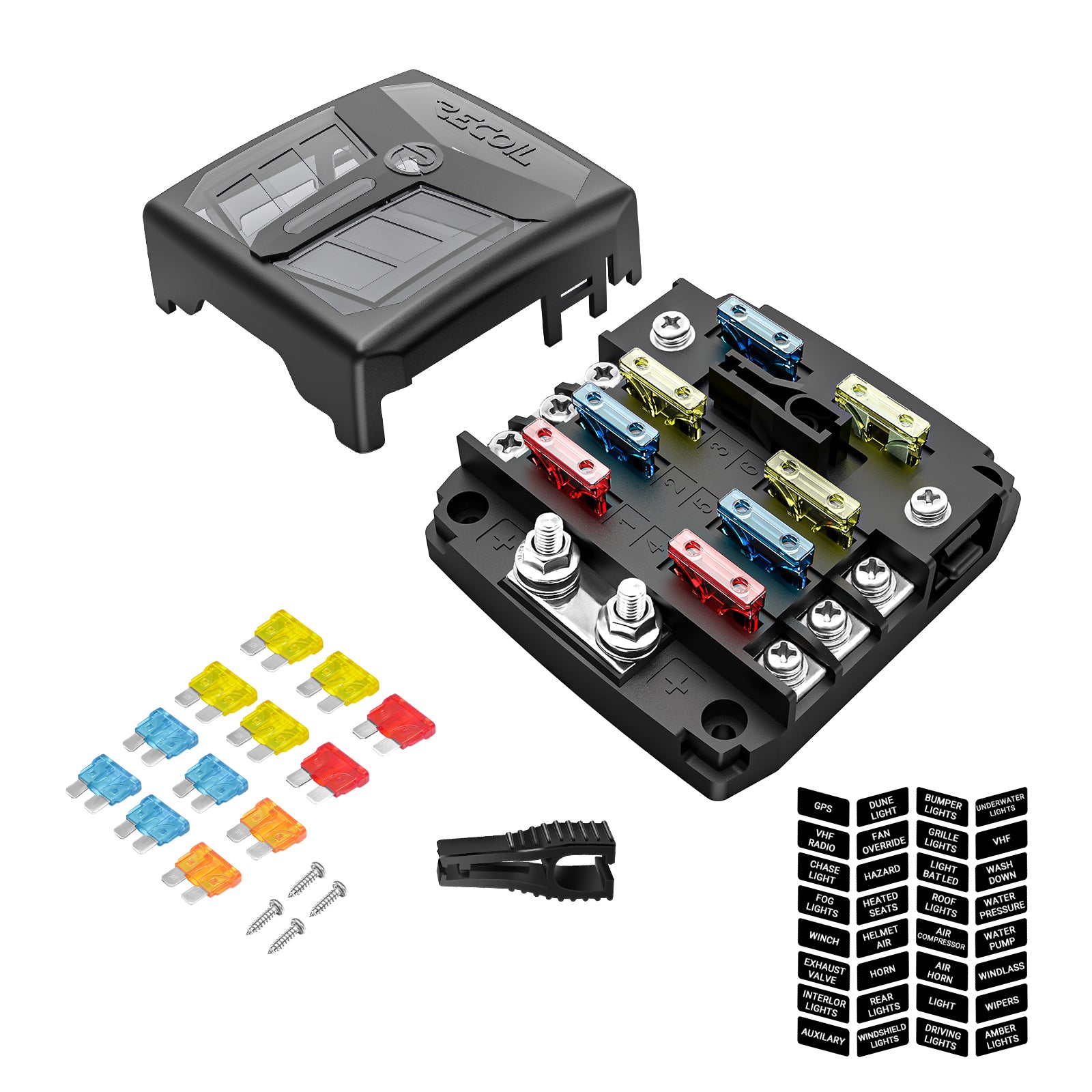 AF6 - 6-way Atc/ato Fuse Block, 6-circuit Power Block for Car RV Truck Boat Utv/atv, Bolt Terminals, 12pcs Fuses, Screws, Fuse Tool & Sticker Labels