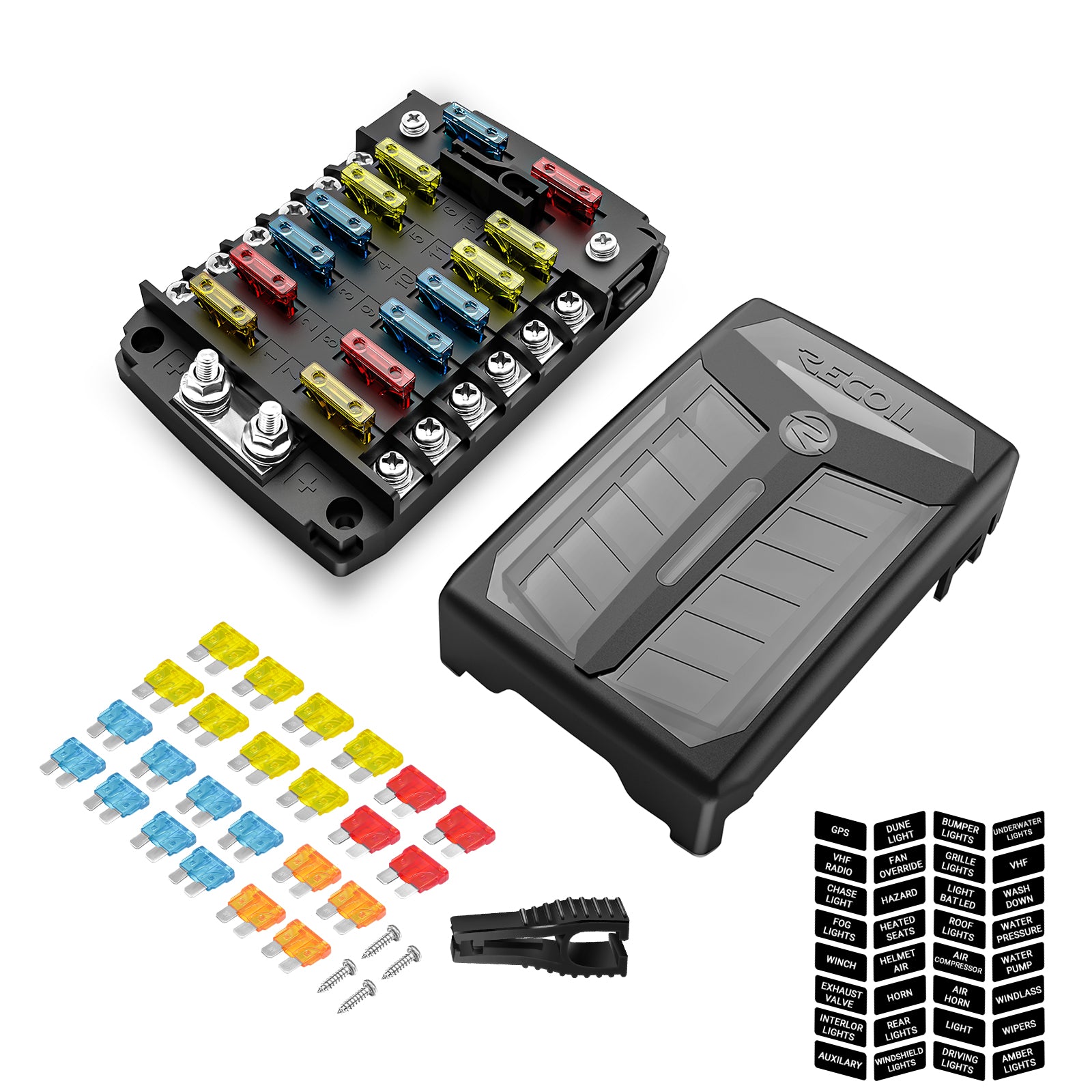 AF12 - 12-way Atc/ato Fuse Block, 12-circuit Power Block for Car RV Truck Boat Utv/atv, Bolt Terminals, 24pcs Fuses, Screws, Fuse Tool & Sticker Labels