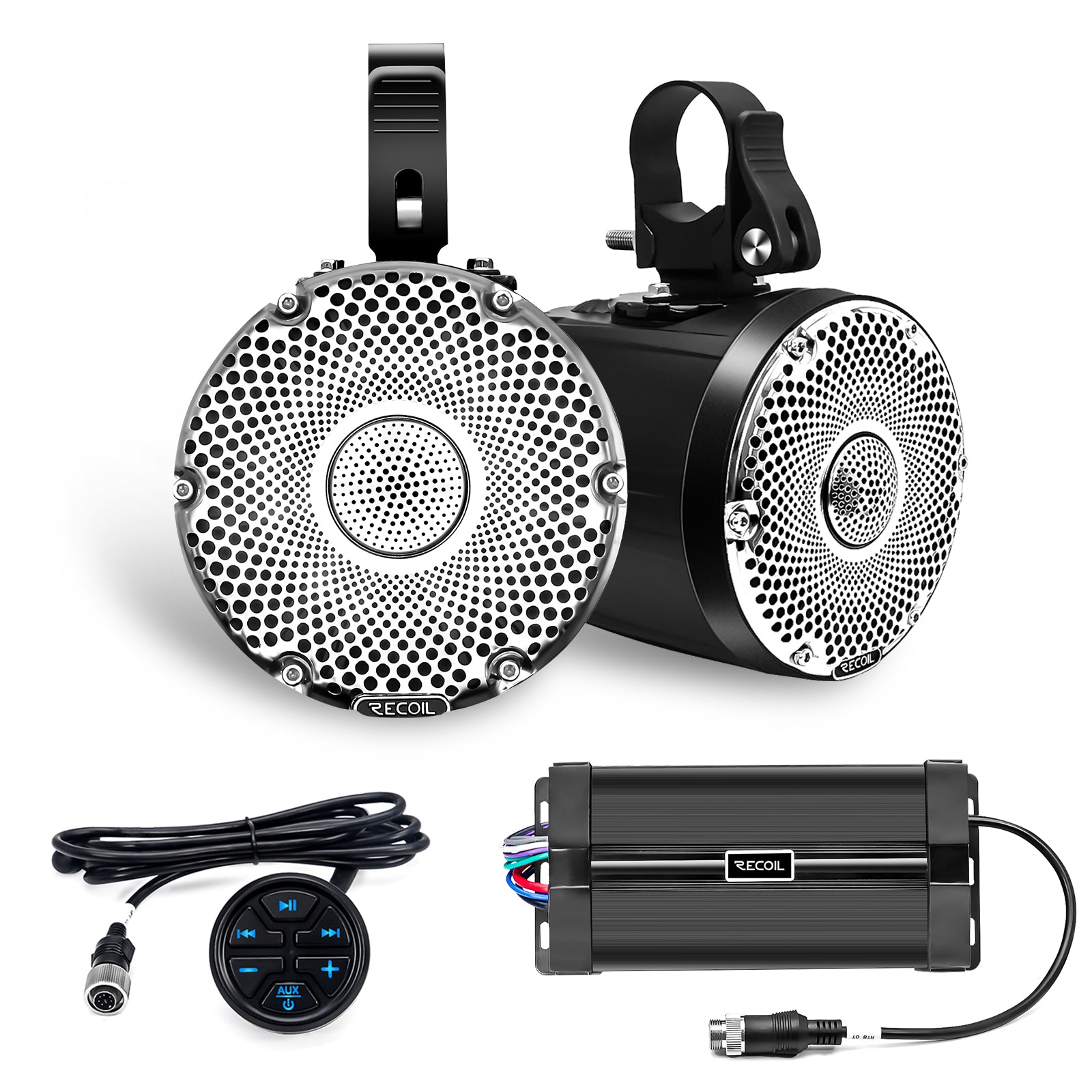R4-P - Complete Marine 200 Watts Pair Speakers Audio System, Super Loud 4” Speaker Pods with 3” Passive Radiator, Amplifier, Bt Controller, for UTV, ATV, Golf Cart, Boat, Off-road Motorsports Audio