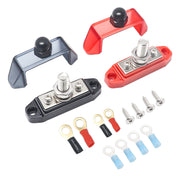 S12P-38 - Pair 3 Connections Busbar 1 X 3/8” Stud 2 X #8 Screw Terminals Power Distribution Block with Ring Terminals (red & Black)