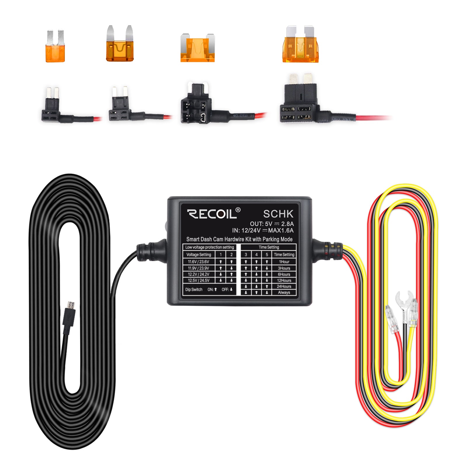 SCHK - Dash Camera Acc Hardwire Kit Mini-usb, 24h Parking Monitor Mode, Converts 12-24v to Output 5v/2.5a, Low Voltage Protection, 14ft with Fuse Tap Kit