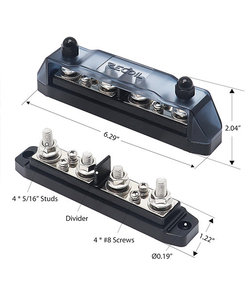 BBPG4 - Bus Bar Positive and Negative 4 X 5/16” Studs and 4 X #8 Screw Terminals Power Distribution Block Busbar with Ring Terminals