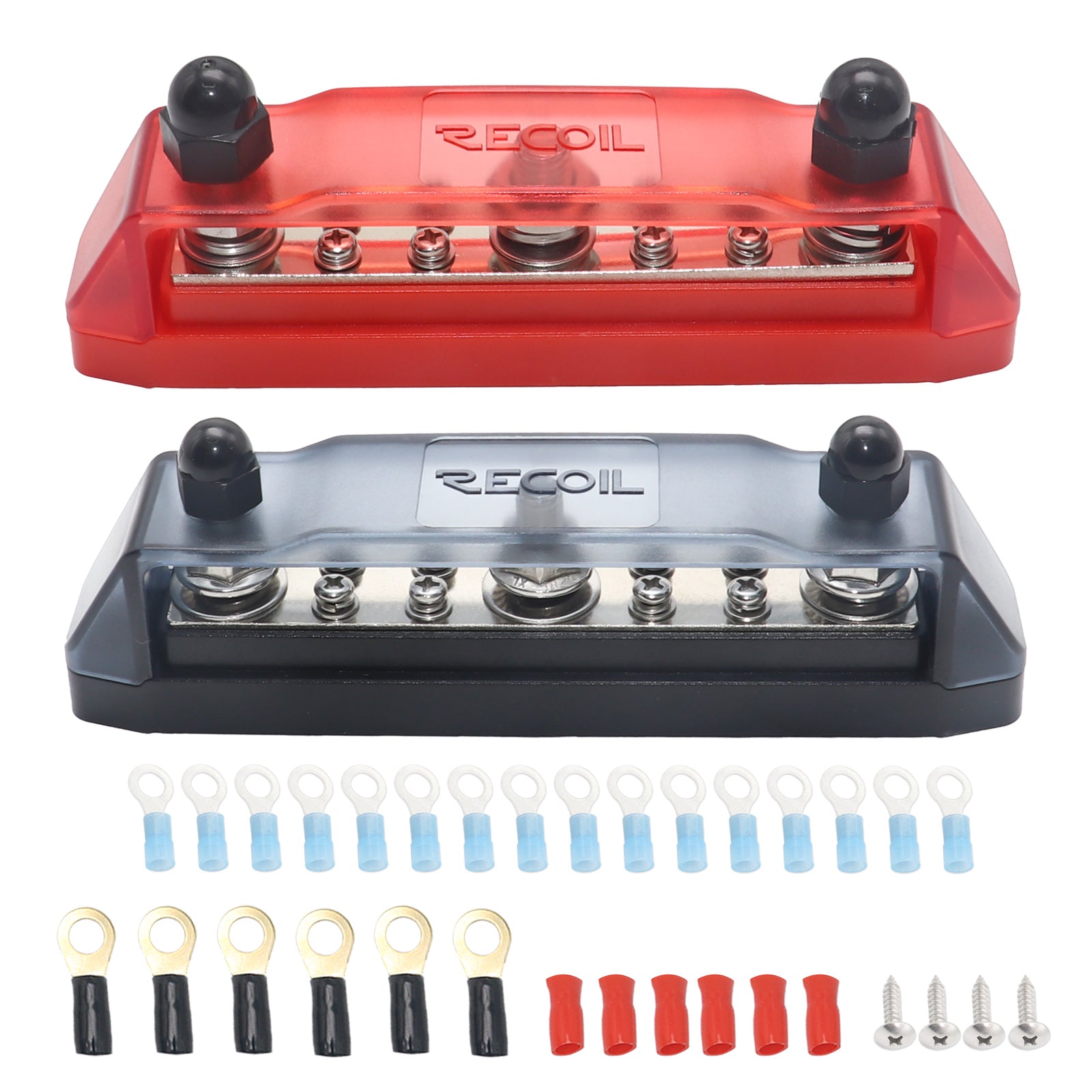 BB38P - Busbar 3 X 3/8” Studs 8 X #8 Screw Terminals (red) & 3 X 5/16” Studs 8 X #8 Screw Terminals (black) Power Distribution Block with Ring Terminals, Pair