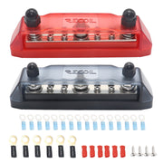 BB38P - Busbar 3 X 3/8” Studs 8 X #8 Screw Terminals (red) & 3 X 5/16” Studs 8 X #8 Screw Terminals (black) Power Distribution Block with Ring Terminals, Pair