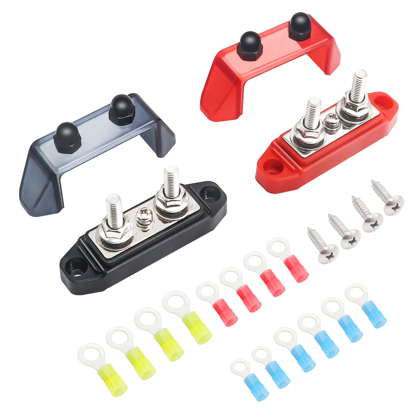 S2P-14 - Pair 3 Connections Busbar 2 X M5 Studs & 1 X #8 Screw Terminal Power Distribution Block with Ring Terminals (red & Black)