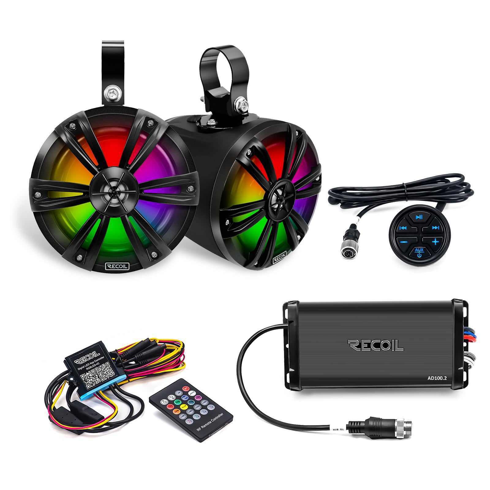 R6-P - Complete IPX6 Waterproof 600 Watts Pair Speaker Audio System, Super Loud 6.5” Speaker Pods with Passive Radiator, Amplifier, Bluetooth Controller, RGB LED Illumination for UTV, ATV, Golf Cart, Boat, Off-road Motorsports Audio