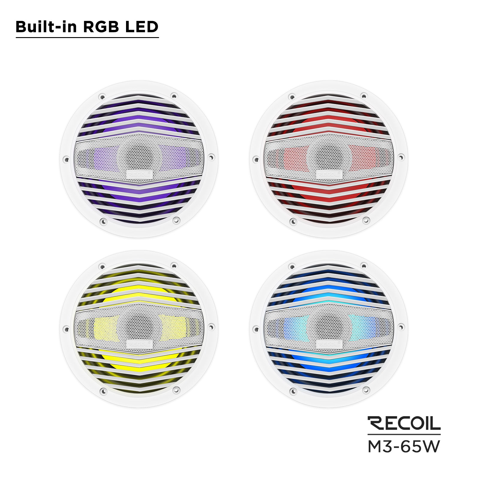 M3-65W - 6.5 Inch 2-way Marine Boat Coaxial Speakers with Built-in RGB LED, Sold in Pair
