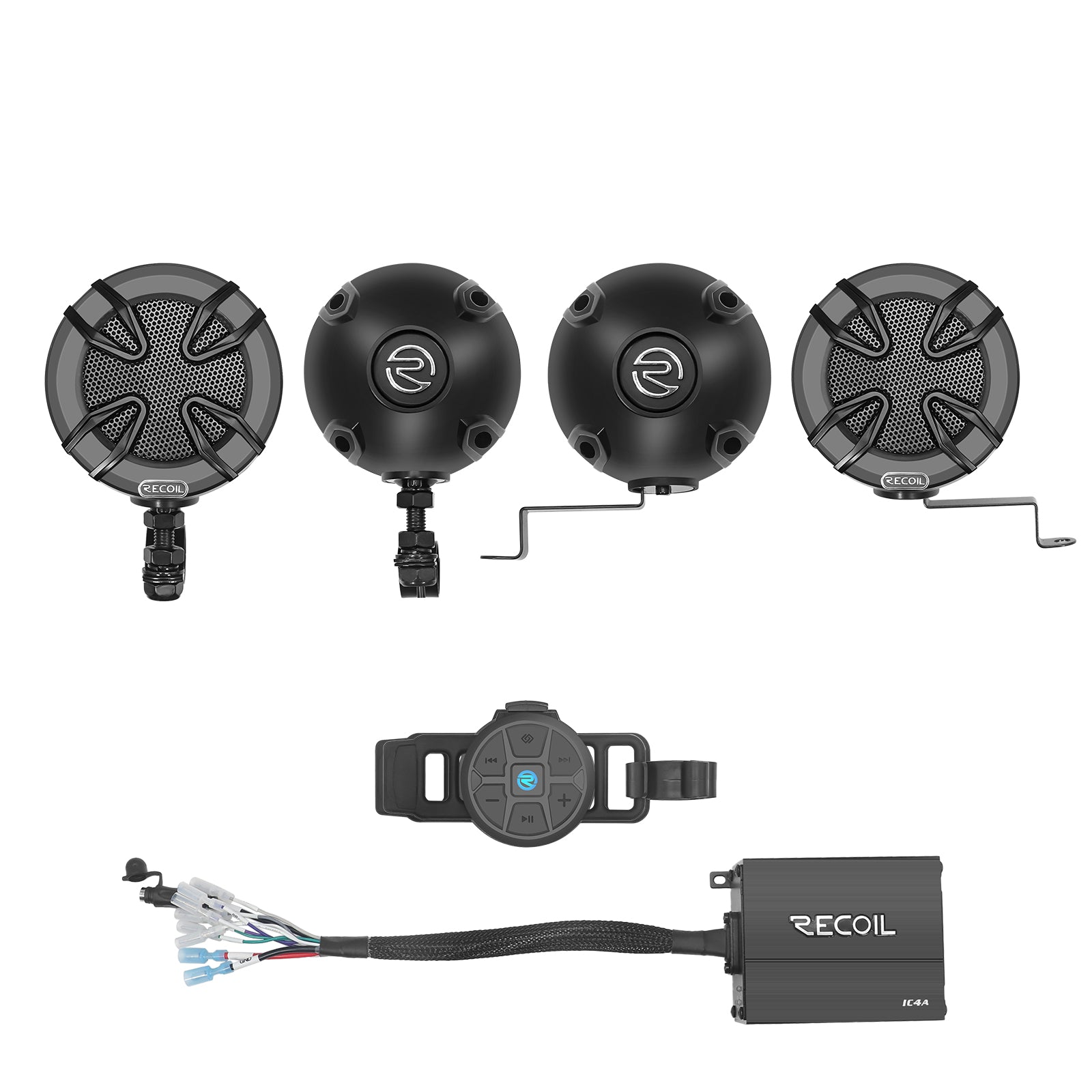 R3B-Q - Complete Quad Bluetooth Speakers System, Super Loud 3” Speakers, 360 Watts Class-D Amplifier with Built-in Bluetooth, Waterproof Wireless Remote, Great for Use with ATV, Motorcycle, Golf Cart & 12 Volt Vehicles