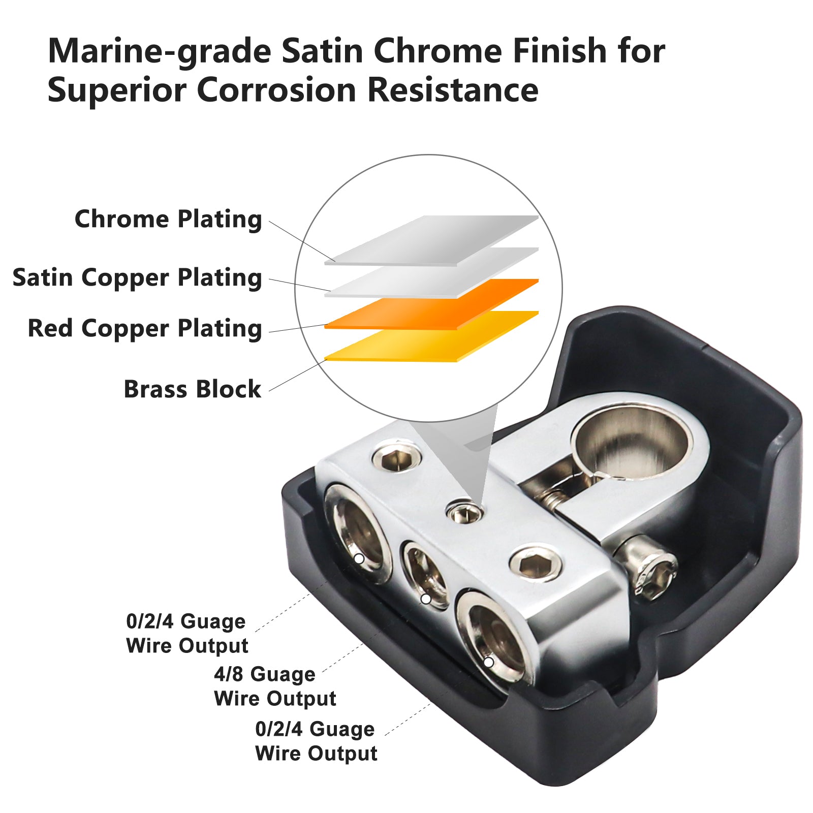 PBT-2014 - 2 Pack Premium Solid Brass Positive/negative Battery Terminals with Two 0/2/4 Gauge Outputs and One 4/8 Gauge Output
