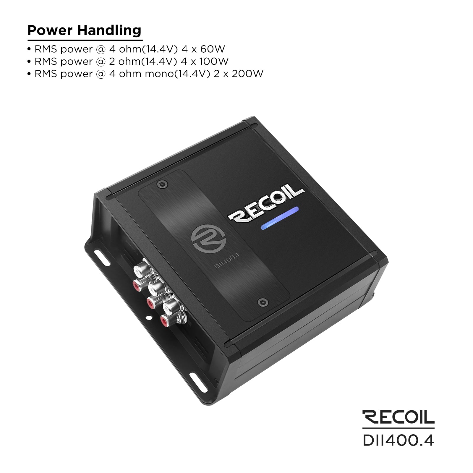 DII400.4 - Ultra Compact Full Range Class-D 4-channel Car Audio Amplifier, Max 800 Watts, 2-4 OHM Stable, Bridgeable