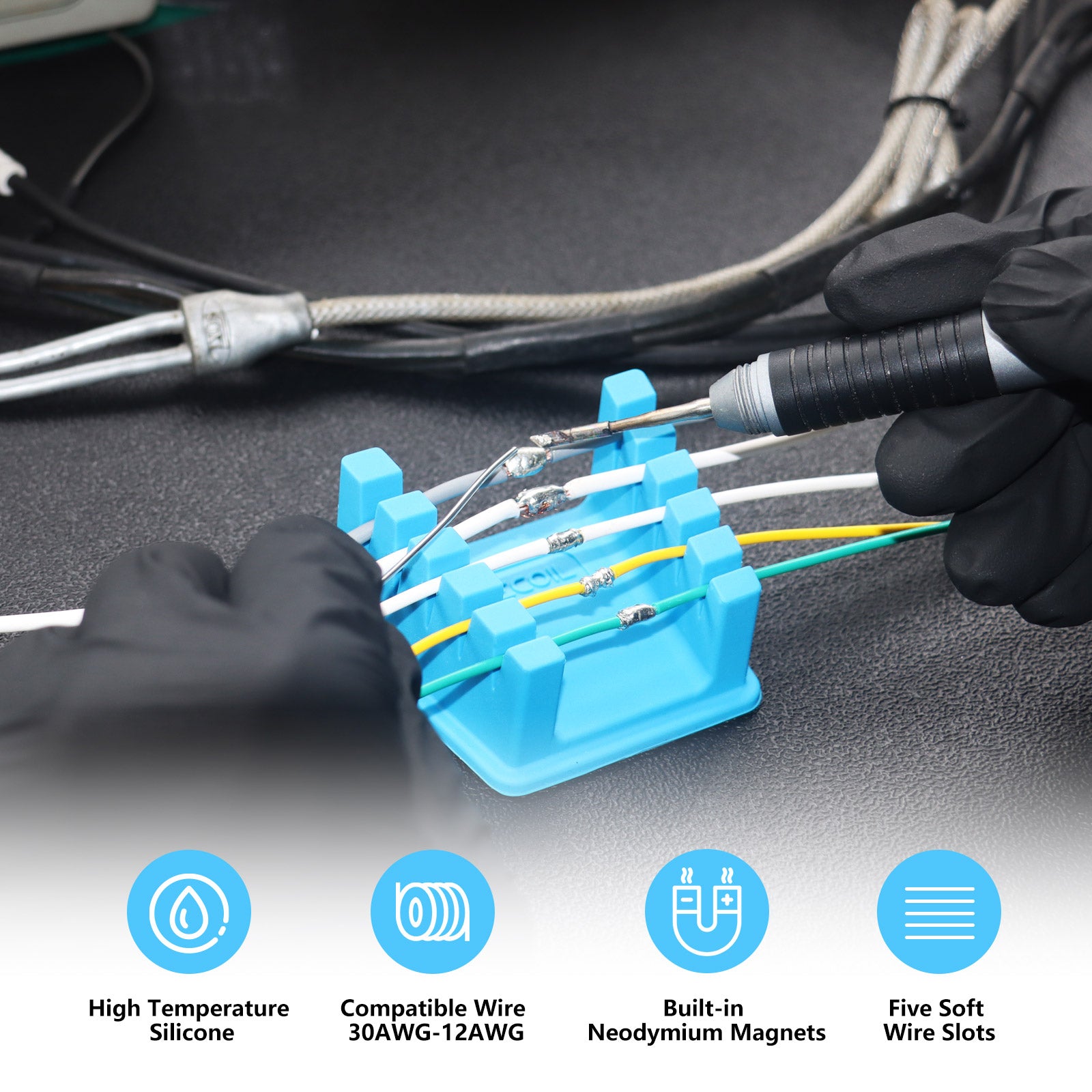 SWSS - Silicone Wire Harness Soldering Holder, Wire Leads Clamp Stand with Neo Magnets Base, Holds 30awg to 12awg Wires, High Temperature Silicone, One Piece
