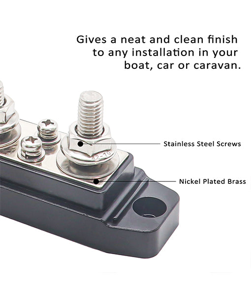 BB46B - Busbar 4 X 5/16” Studs and 6 X #8 Screw Terminals Power Distribution Block with Ring Terminals, Black