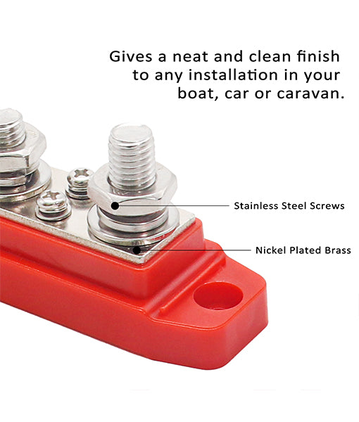 BB46R - Busbar 4 X 3/8” Studs and 6 X #8 Screw Terminals Power Distribution Block with Ring Terminals, Red