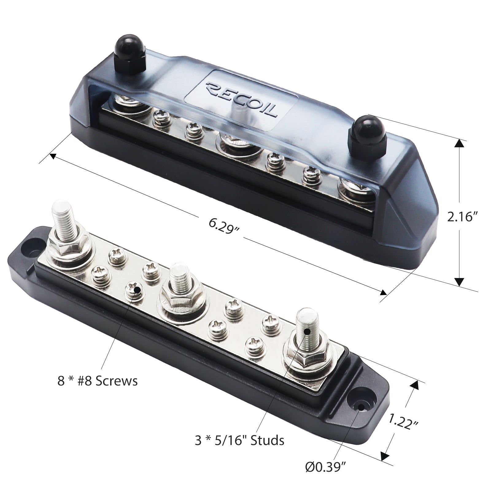 BB38B - Busbar 3 X 5/16” Studs and 8 X #8 Screw Terminals Power Distribution Block with Ring Terminals, Black