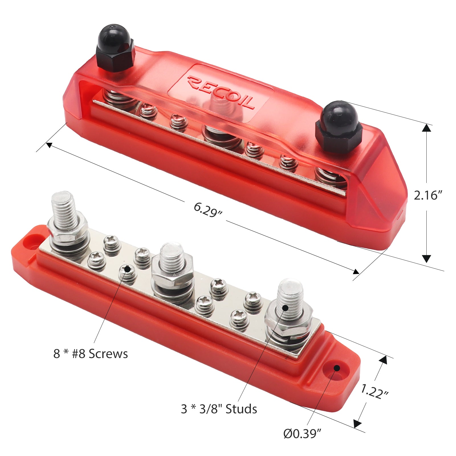 BB38R - Busbar 3 X 3/8” Studs and 8 X #8 Screw Terminals Power Distribution Block with Ring Terminals, Red