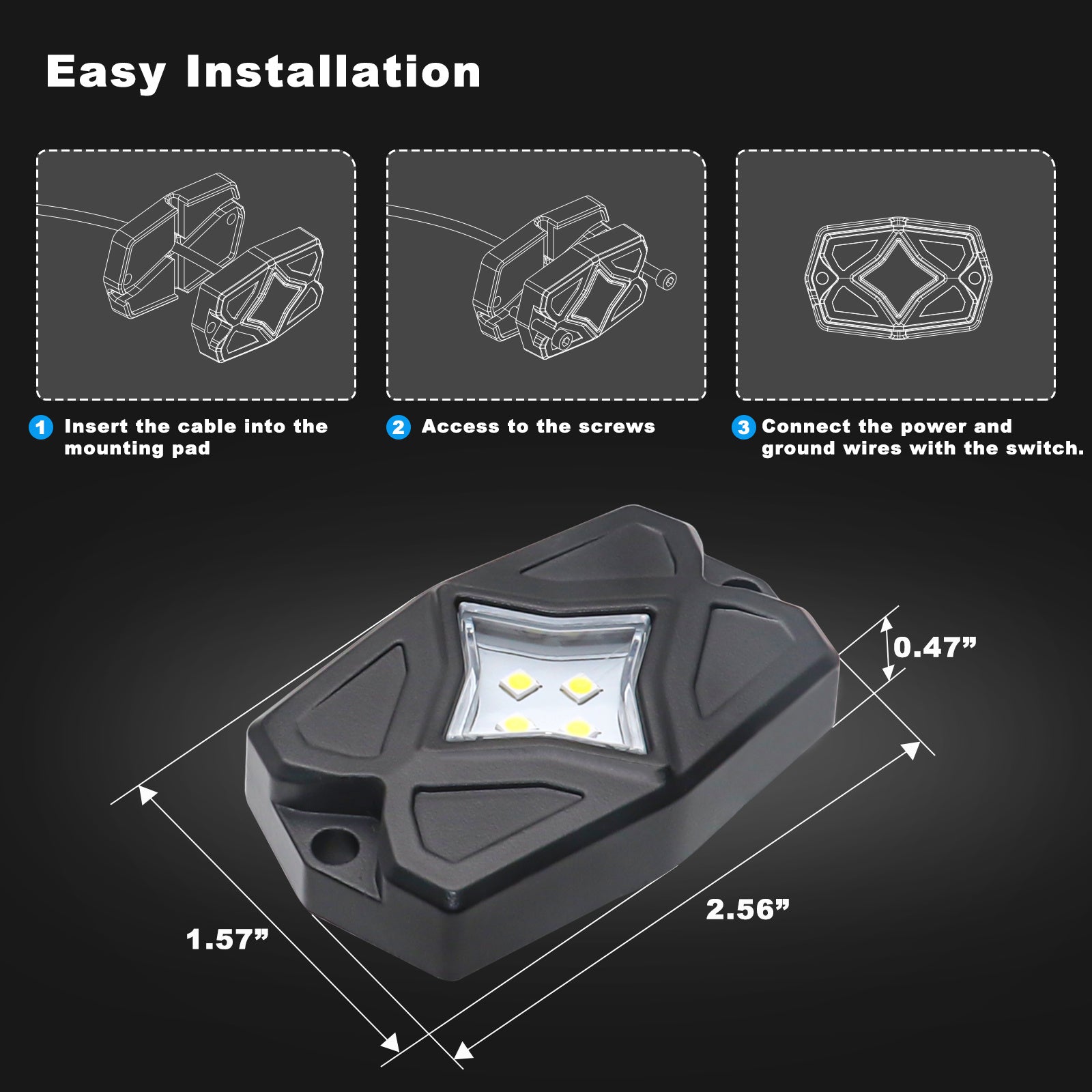 RLW-12 - IP68 Waterproof White LED Rock Lights 12 Pods, Under-glow White LED Light for Car Truck ATV UTV Suv Off-road Boat Motorcycle Vehicle, Under Body Glow Light Lamp Trail Fender Lighting