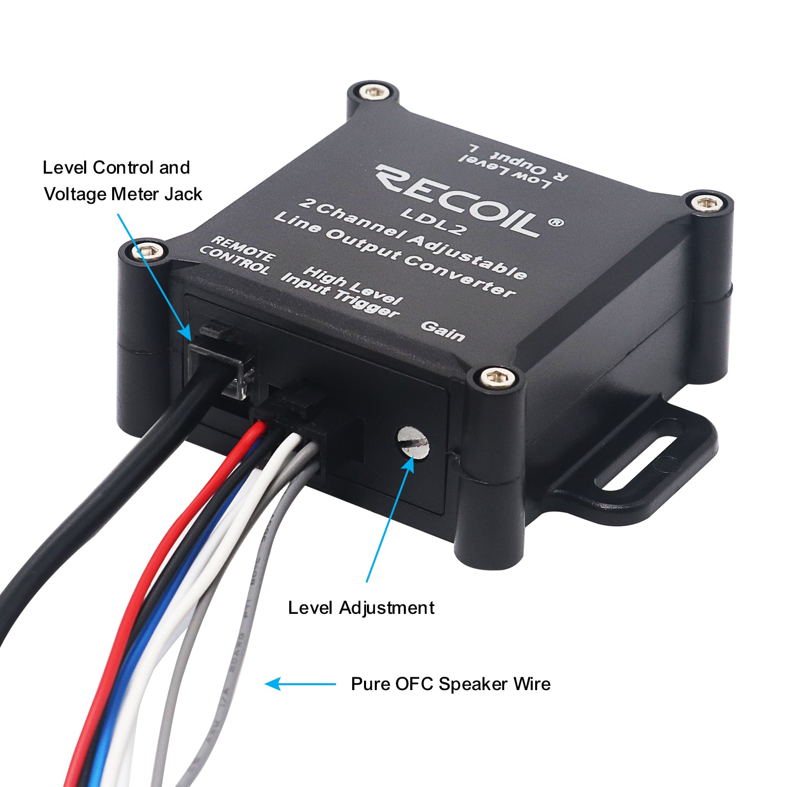 LDL2 - Two Channel Speaker Cable to RCA Adjustable Line Output Converter with Bass Level Controller and Voltage Meter