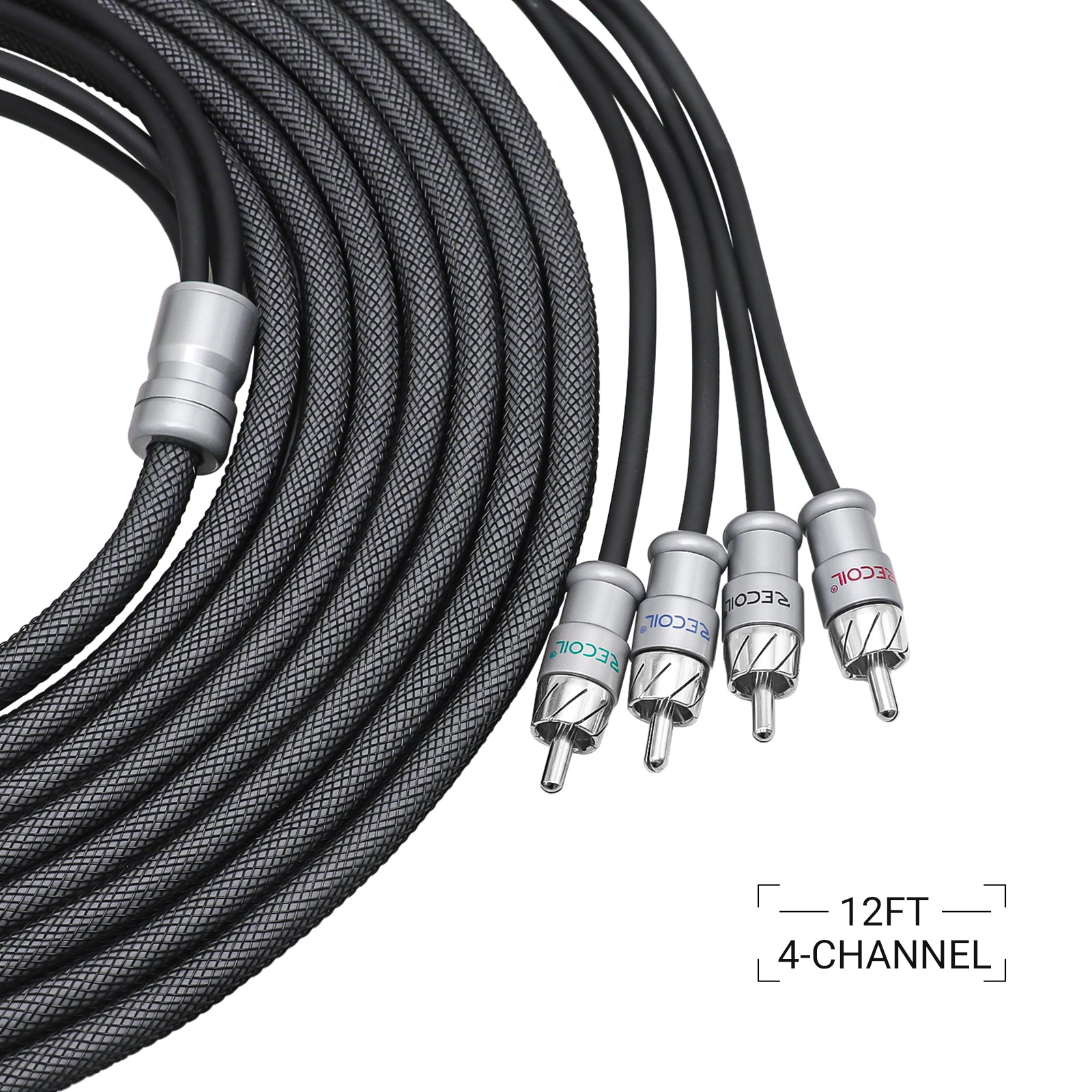 XI412 - Echo Max Series Premium 99.99% Oxygen Free Copper 12ft 4-channel RCA Audio Interconnects Cable, with Machined Brass Connectors & Braided Nylon Jacket
