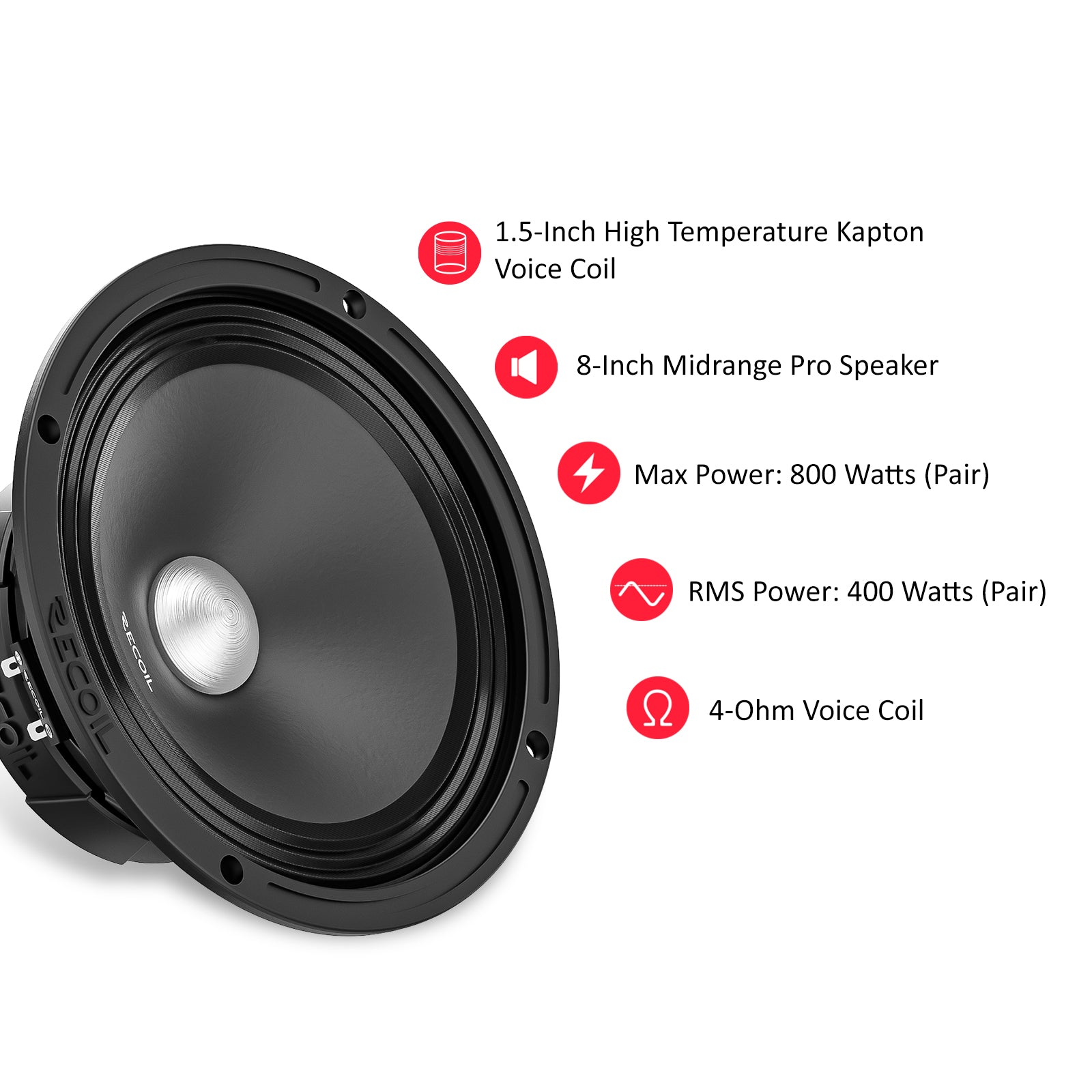 MS8-4P - 8-inch Midrange Pro Audio Car Speakers, 800 Watts Max (pair), 400 Watts RMS (pair), 4ohm, 1.5-inch High Temperature Kapton Voice Coil, Premium Quality Car Audio Door Speakers (pair)