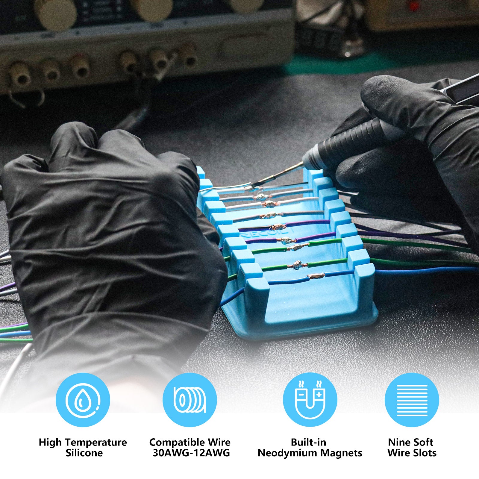 SWSL - 9 Slots Silicone Wire Harness Soldering Holder, Wire Leads Clamp Stand with Neo Magnets Base, Holds 30awg to 12awg Wires, High Temperature Silicone, One Piece