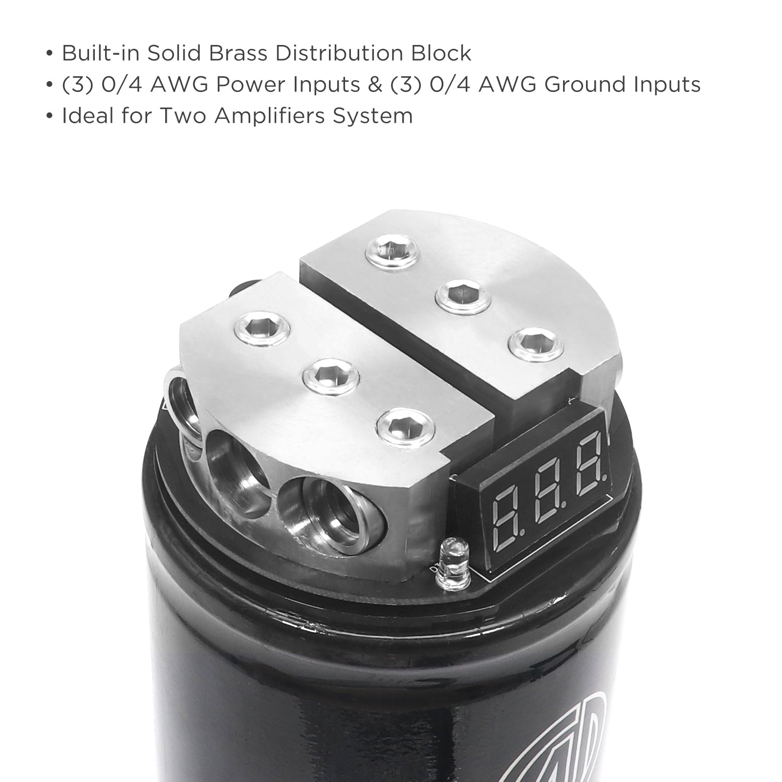 REC5D - 5 Farad 18sv Car Audio Energy Storage Reinforcement Electrolytic Capacitor with Digital Read-out and Built-in Distribution Block for Two Amplifiers