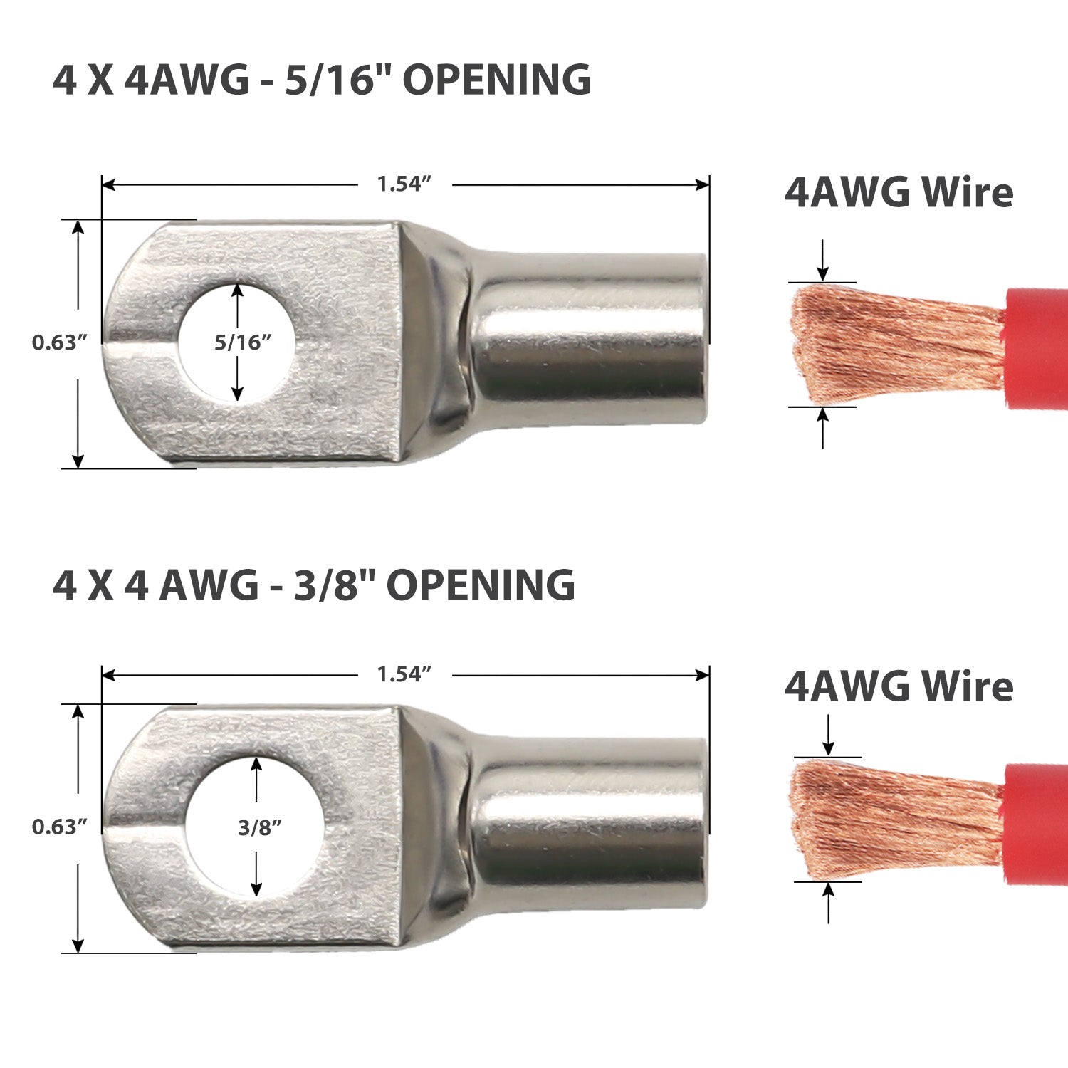 RT4-8K - 8pcs 4awg 3/8” and 4awg 5/16” Copper Ring Terminals, Cable Lugs, Wire Lugs, Heavy Duty Battery Lugs, with 8pcs Heat Shrink Tubing