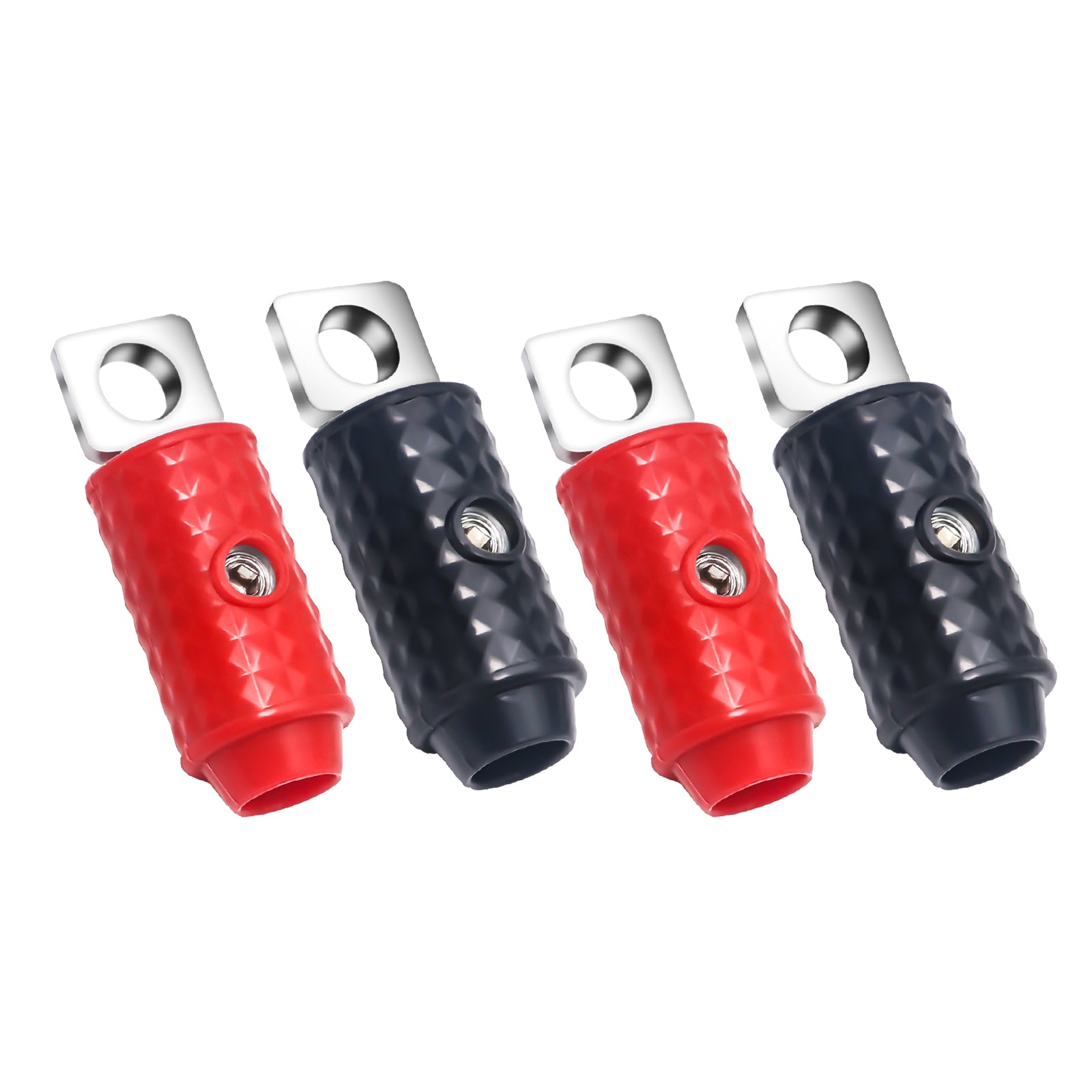 HR4Q - 4 Gauge Set Screw Brass Ring Terminals Battery Connectors with Red/black Silicon Covers, Marine-grade Satin Chrome Finish, Two Pair