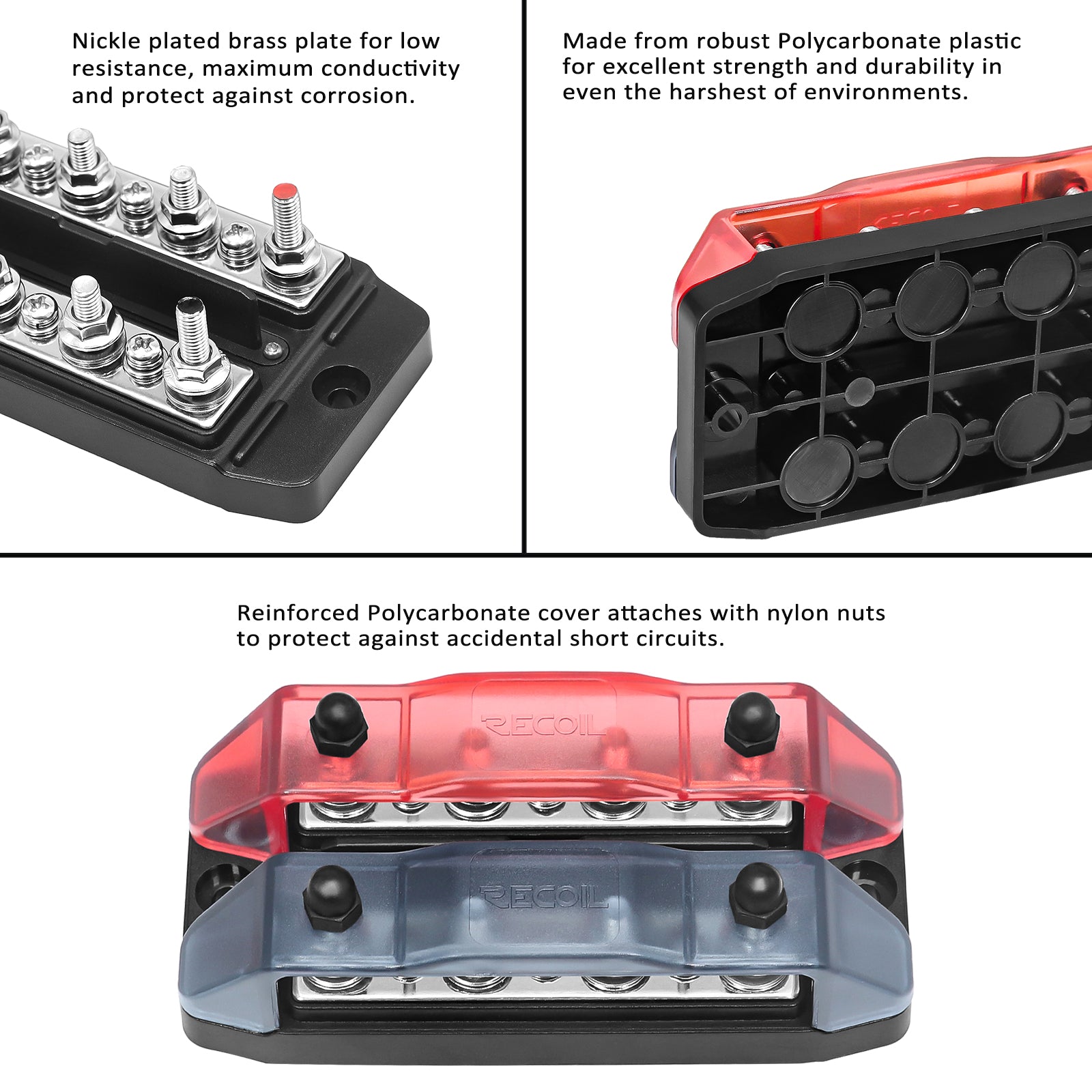 DBBS43 - Dual Row Busbar Positive and Negative 4 X M5 Studs 3 X #8 Screw Terminals Power and Ground Distribution Block with Ring Terminals (red & Black)
