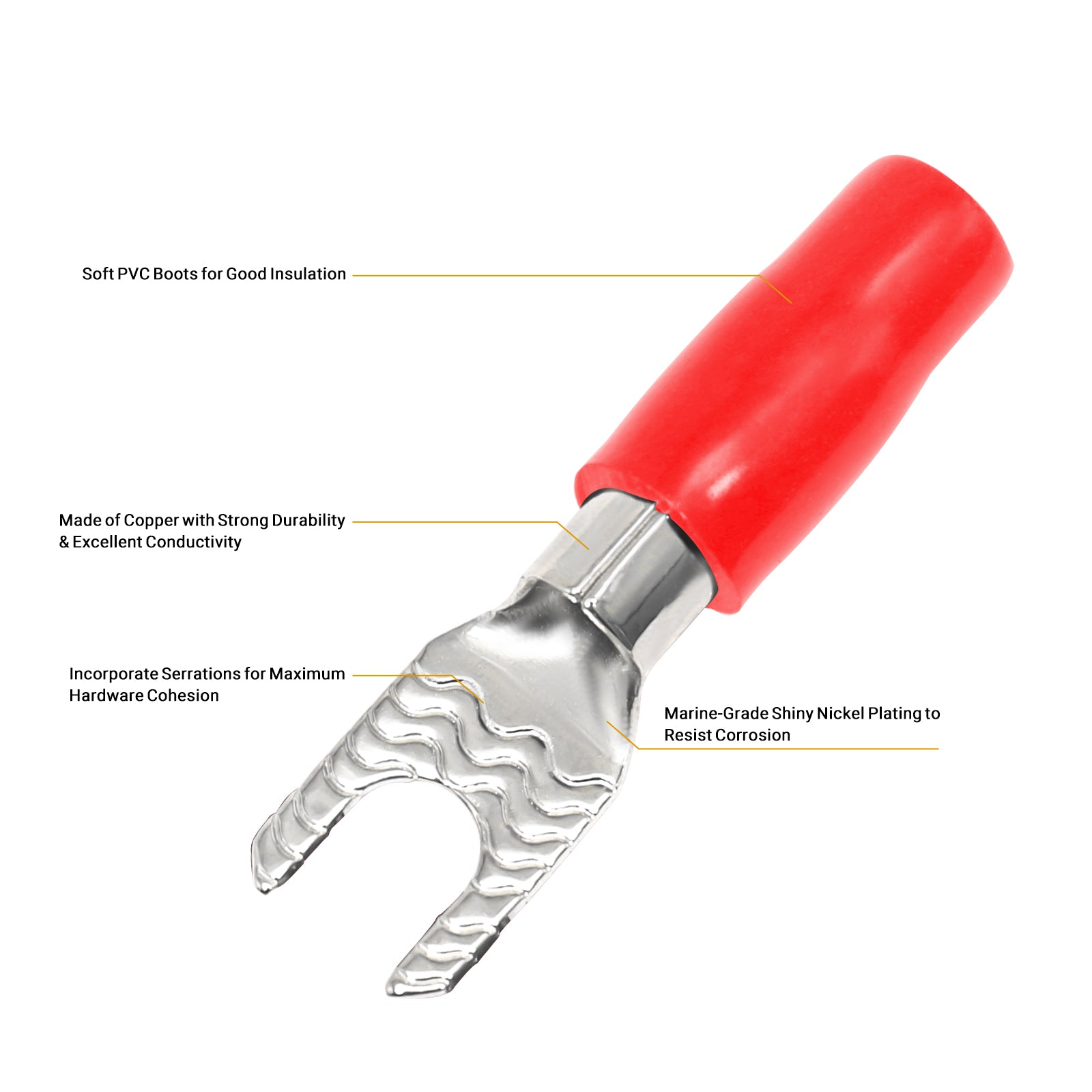 ST808-20 - 20pcs 8awg Copper Spade Terminals, #8 Opening, Shiny Nickel Plated Crimp Ring Terminals with 20pcs Red & Black Soft Boots