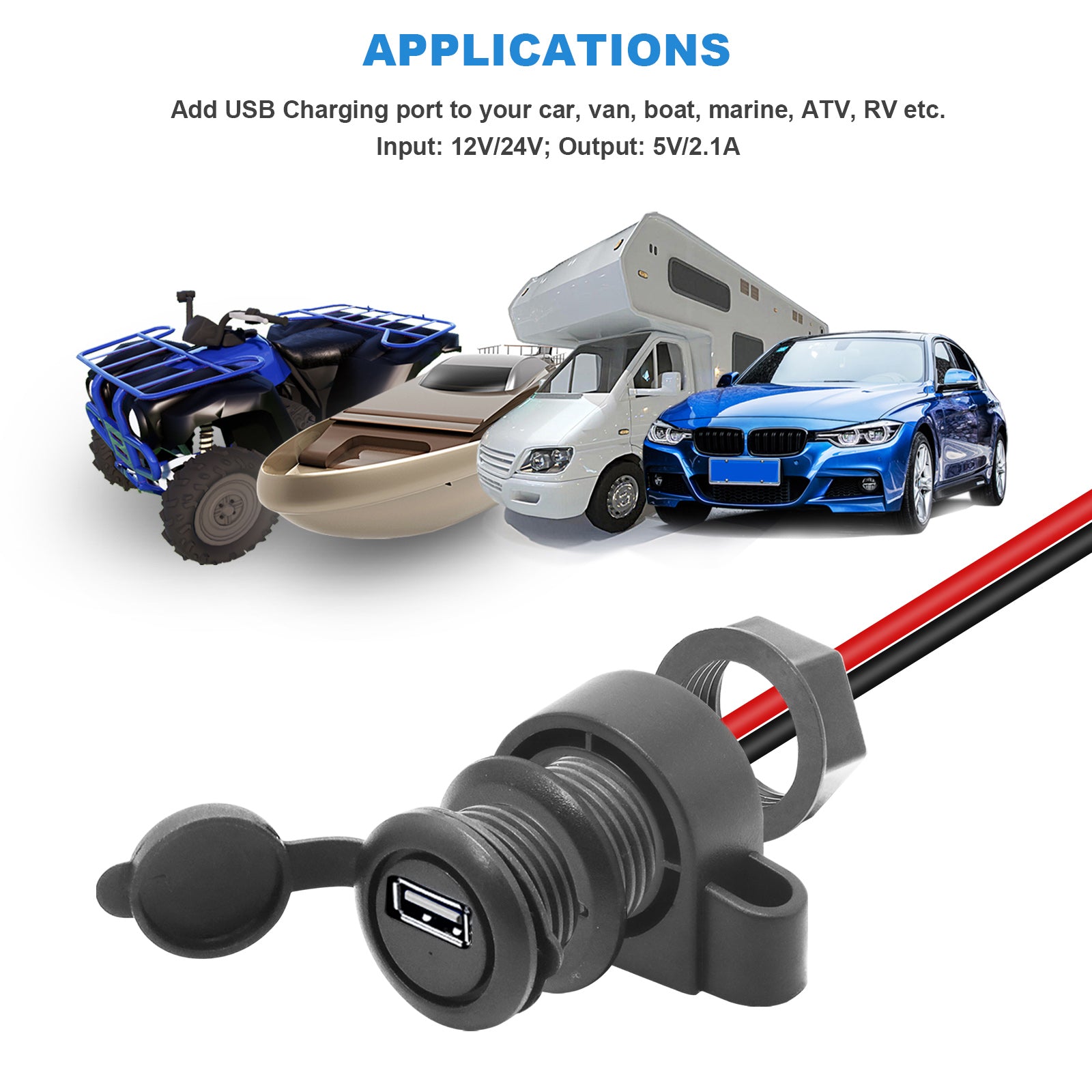 CUSB - Super Mini Single USB Charger Outlet 5vdc 2.1a with Panel Flush and Surface Mount Bracket for Car Boat Marine RV Mobile