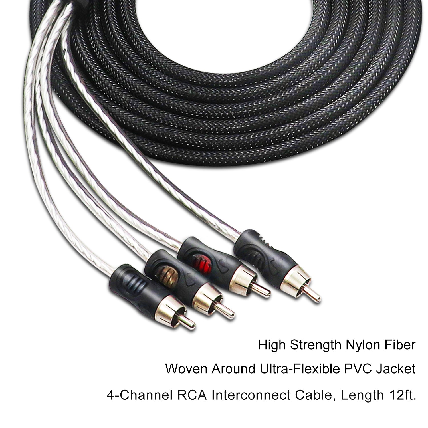 PCI412 - Premium 100% Oxygen Free Copper 12ft 4-channel RCA Audio Interconnects Cable (4x RCA Male to 4x RCA Male), Double Shielded with Noise Reduction