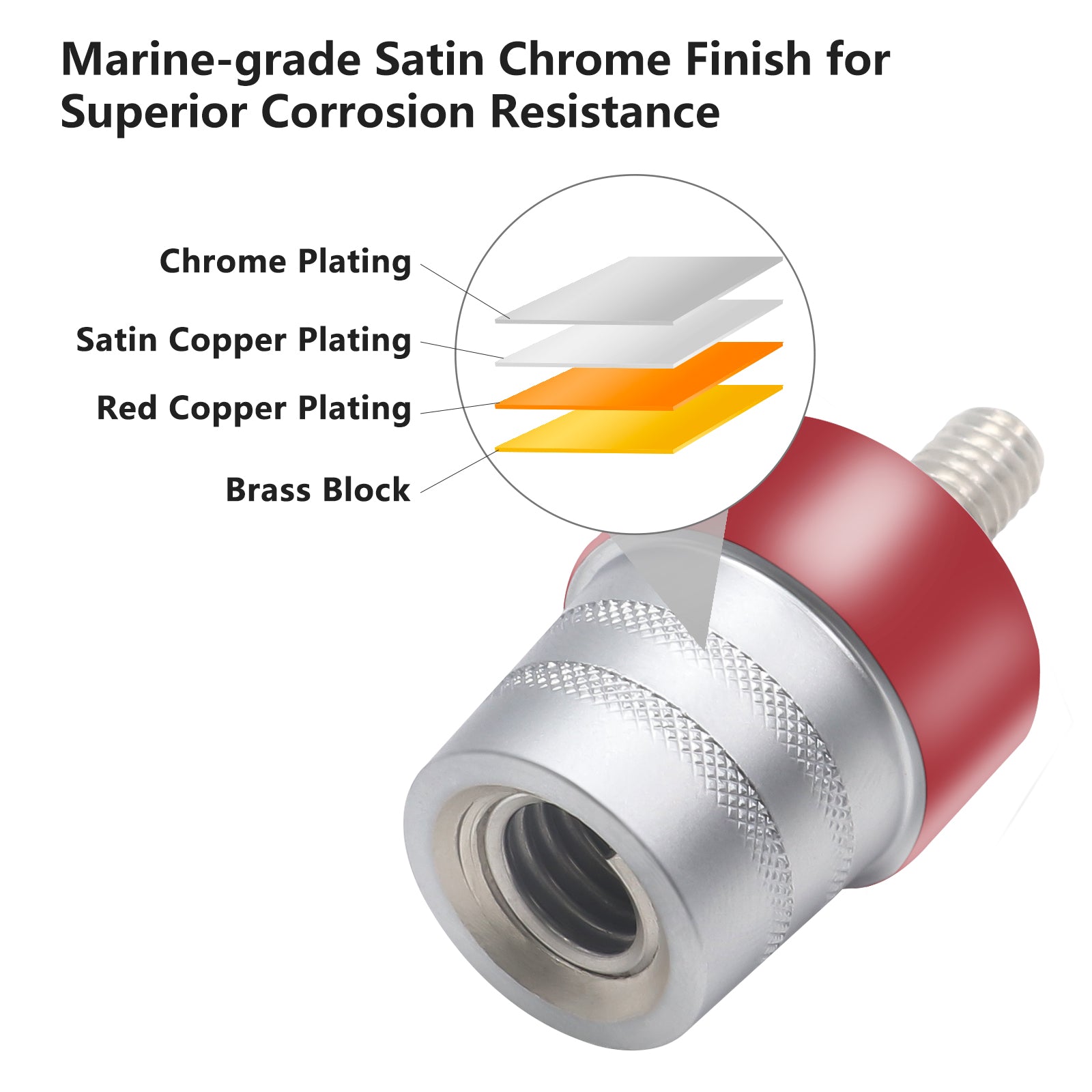 BTA6 - Battery Terminal Adaptor M6 Screw to Sae Top Posts, Solid Brass, Marine-grade Satin Chrome Finish, Positive & Negative Pair