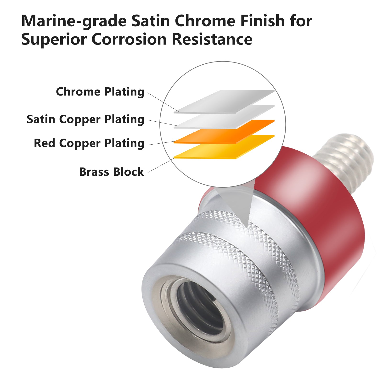 BTA8 - Battery Terminal Adaptor M8 Screw to Sae Top Posts, Solid Brass, Marine-grade Satin Chrome Finish, Positive & Negative Pair