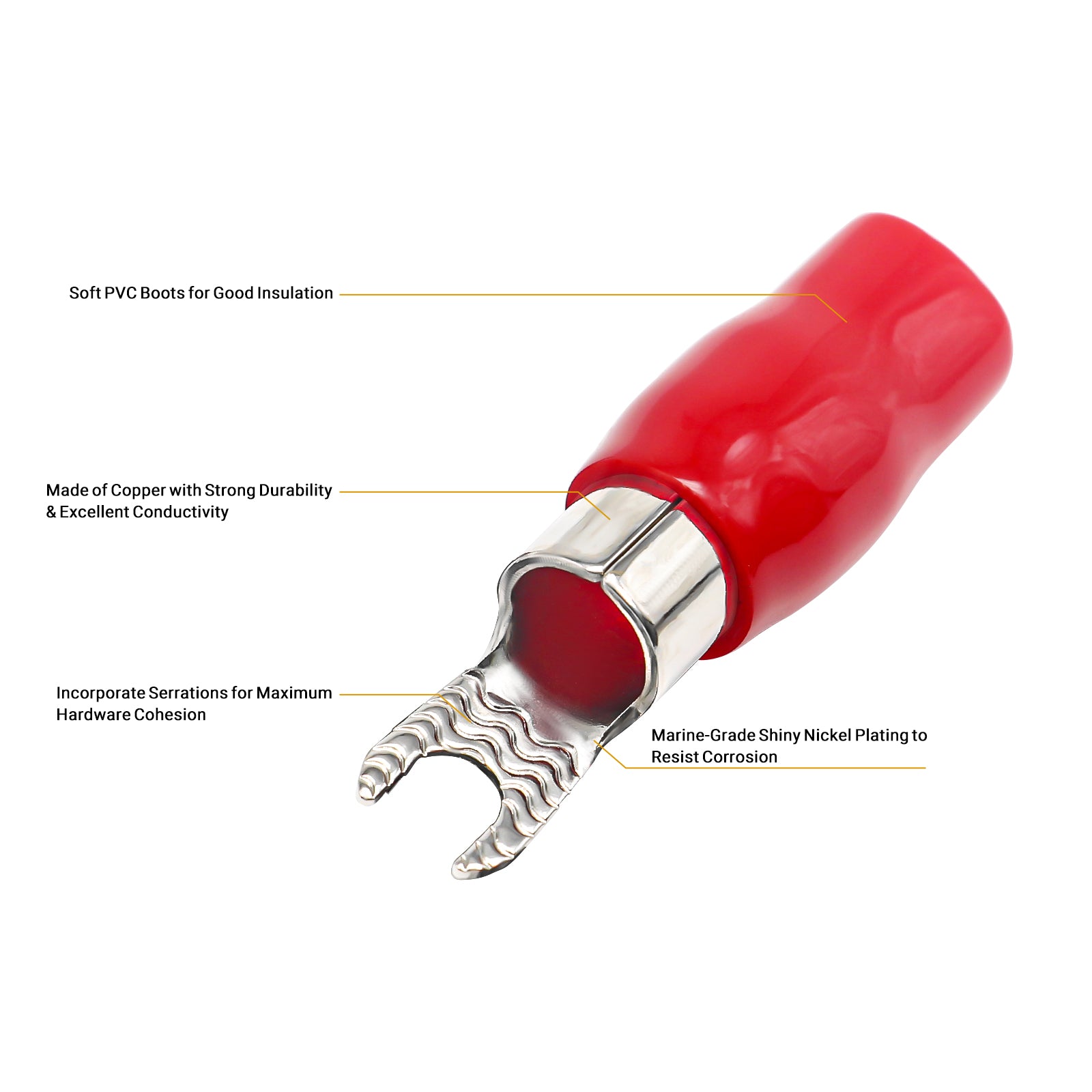 ST408-20 - 20pcs 4awg Copper Spade Terminals, #8 Opening, Shiny Nickel Plated Crimp Ring Terminals with 20pcs Red & Black Soft Boots
