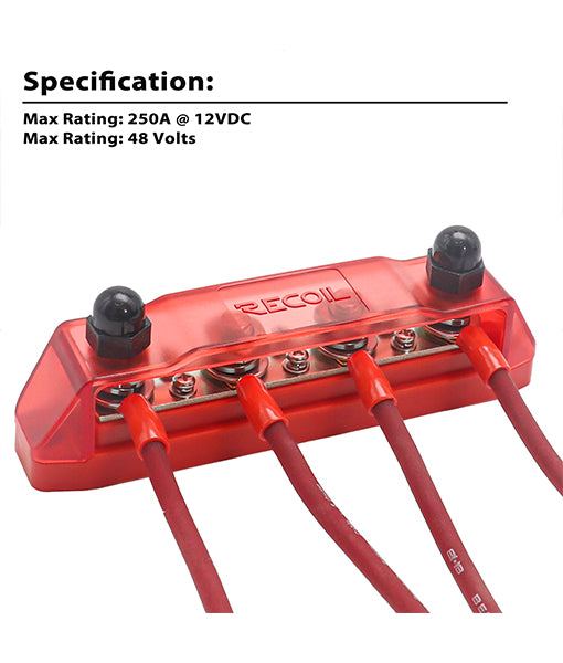 BB46R - Busbar 4 X 3/8” Studs and 6 X #8 Screw Terminals Power Distribution Block with Ring Terminals, Red