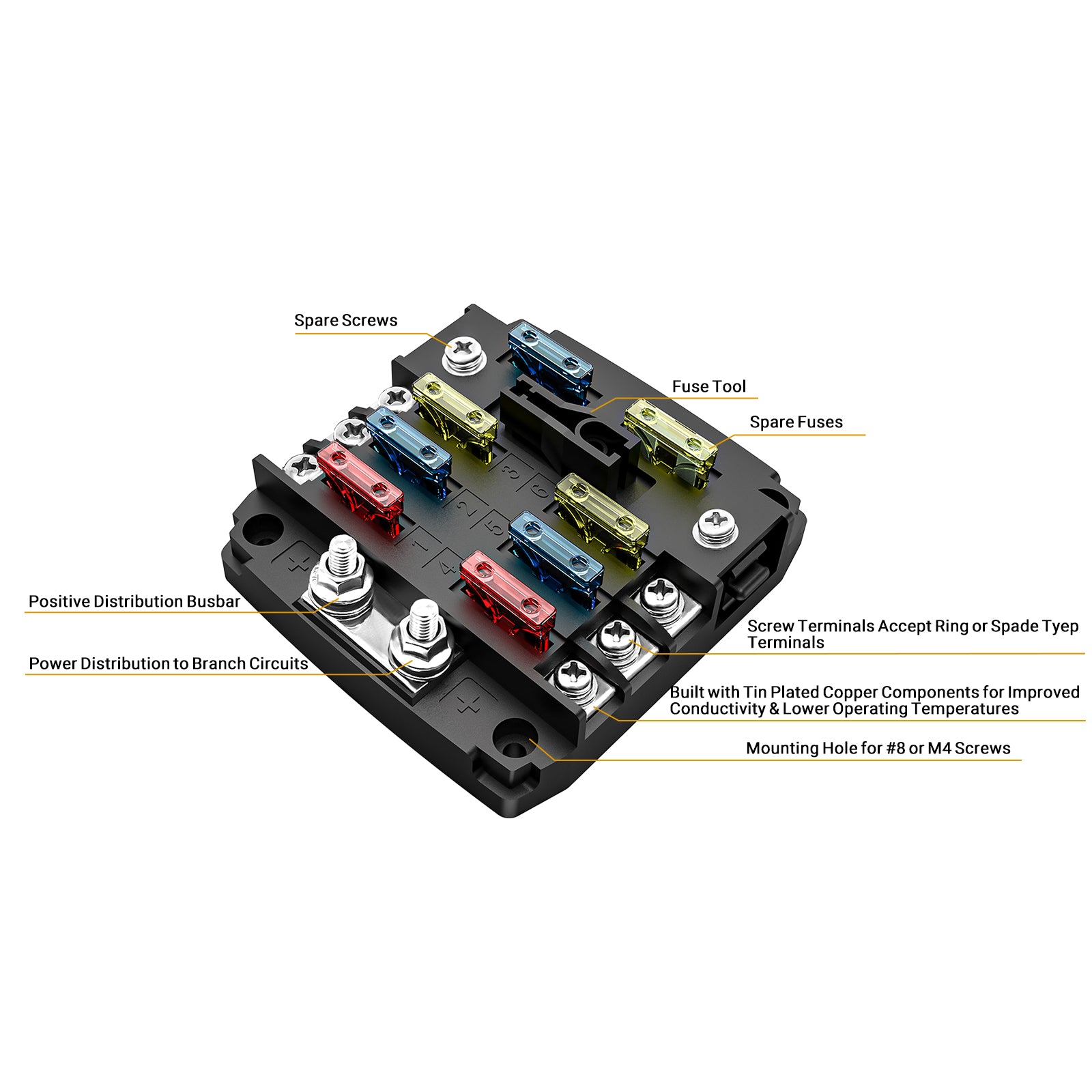 AF6 - 6-way Atc/ato Fuse Block, 6-circuit Power Block for Car RV Truck Boat Utv/atv, Bolt Terminals, 12pcs Fuses, Screws, Fuse Tool & Sticker Labels