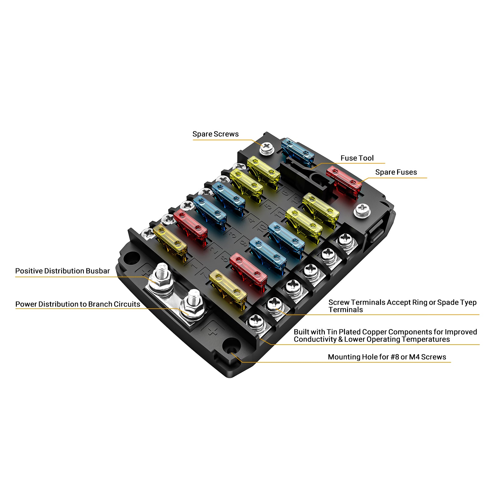 AF12 - 12-way Atc/ato Fuse Block, 12-circuit Power Block for Car RV Truck Boat Utv/atv, Bolt Terminals, 24pcs Fuses, Screws, Fuse Tool & Sticker Labels