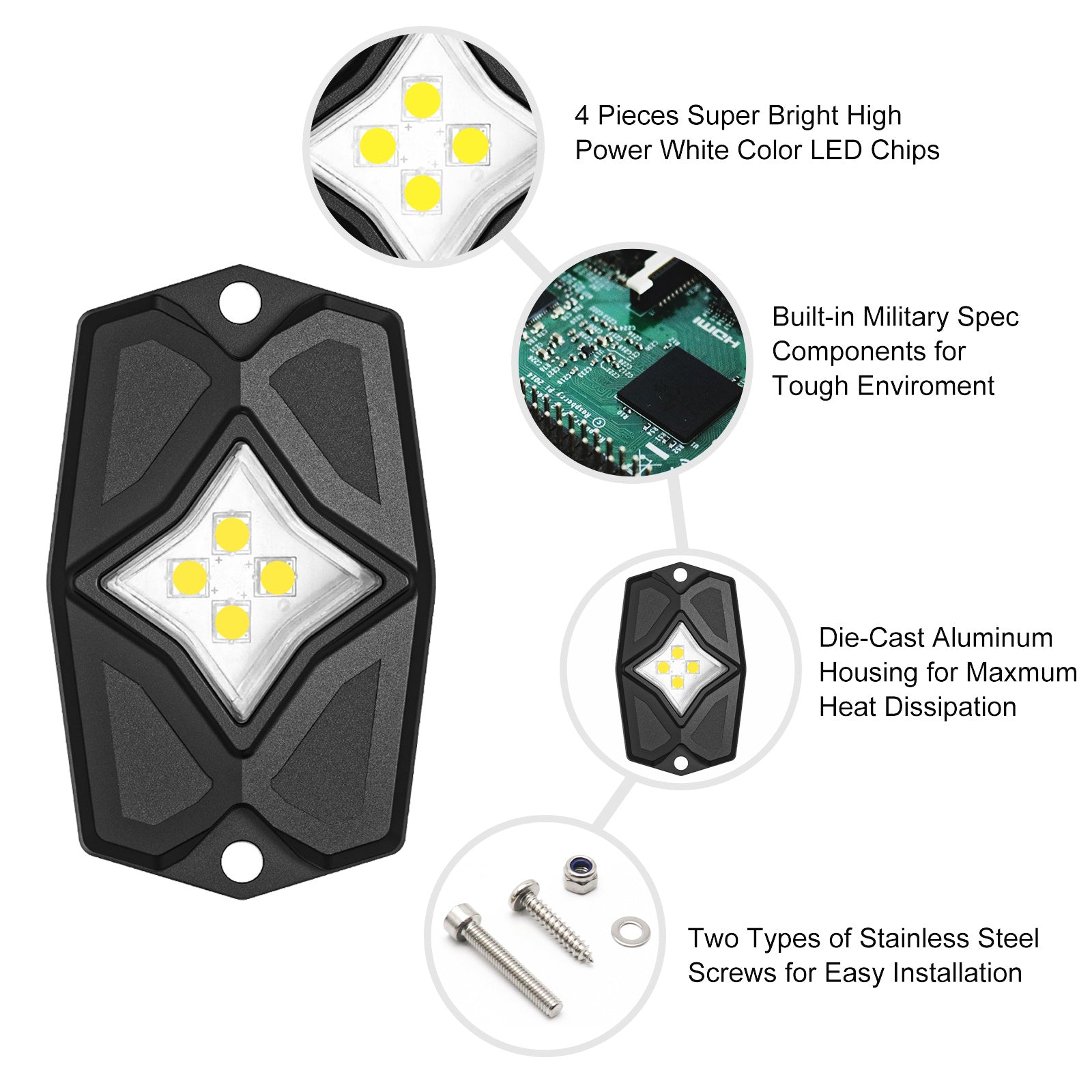 RLW-12 - IP68 Waterproof White LED Rock Lights 12 Pods, Under-glow White LED Light for Car Truck ATV UTV Suv Off-road Boat Motorcycle Vehicle, Under Body Glow Light Lamp Trail Fender Lighting