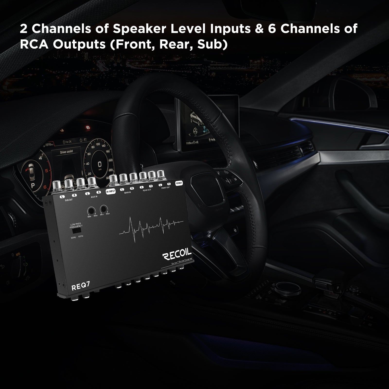 REQ7 - 7 Band 1/2 Din Pre-amp Car Audio Parametric Graphic Equalizer with RCA & Auxiliary Inputs