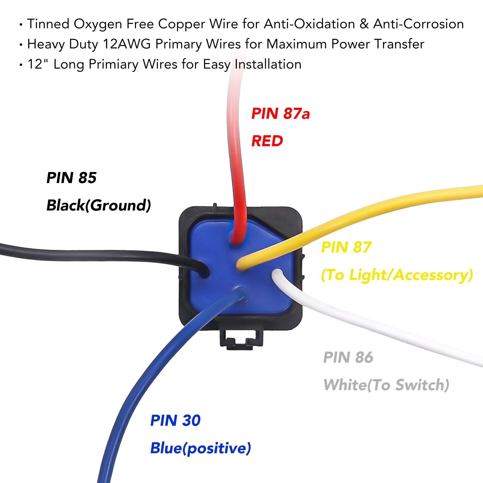 WRL-K4 - Waterproof 5-pin 30/40a 12v SPDT Relays with Harness Sockets, Heavy Duty 12awg Tinned Copper Wire, Automotive Marine Relays Kits - 4 Pack