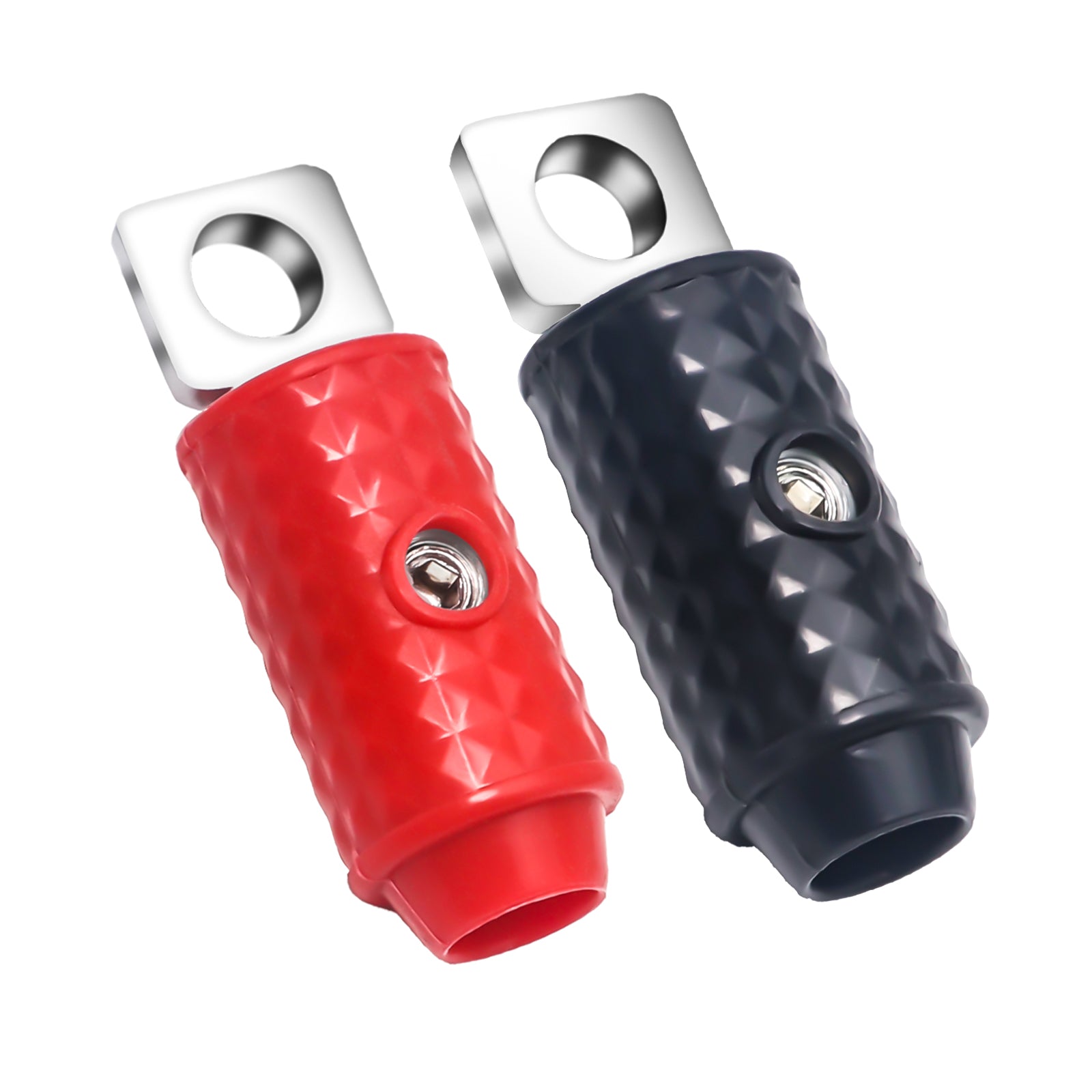 HR4P - 4 Gauge Set Screw Brass Ring Terminals Battery Connectors with Red/black Silicon Covers, Marine-grade Satin Chrome Finish, Pair