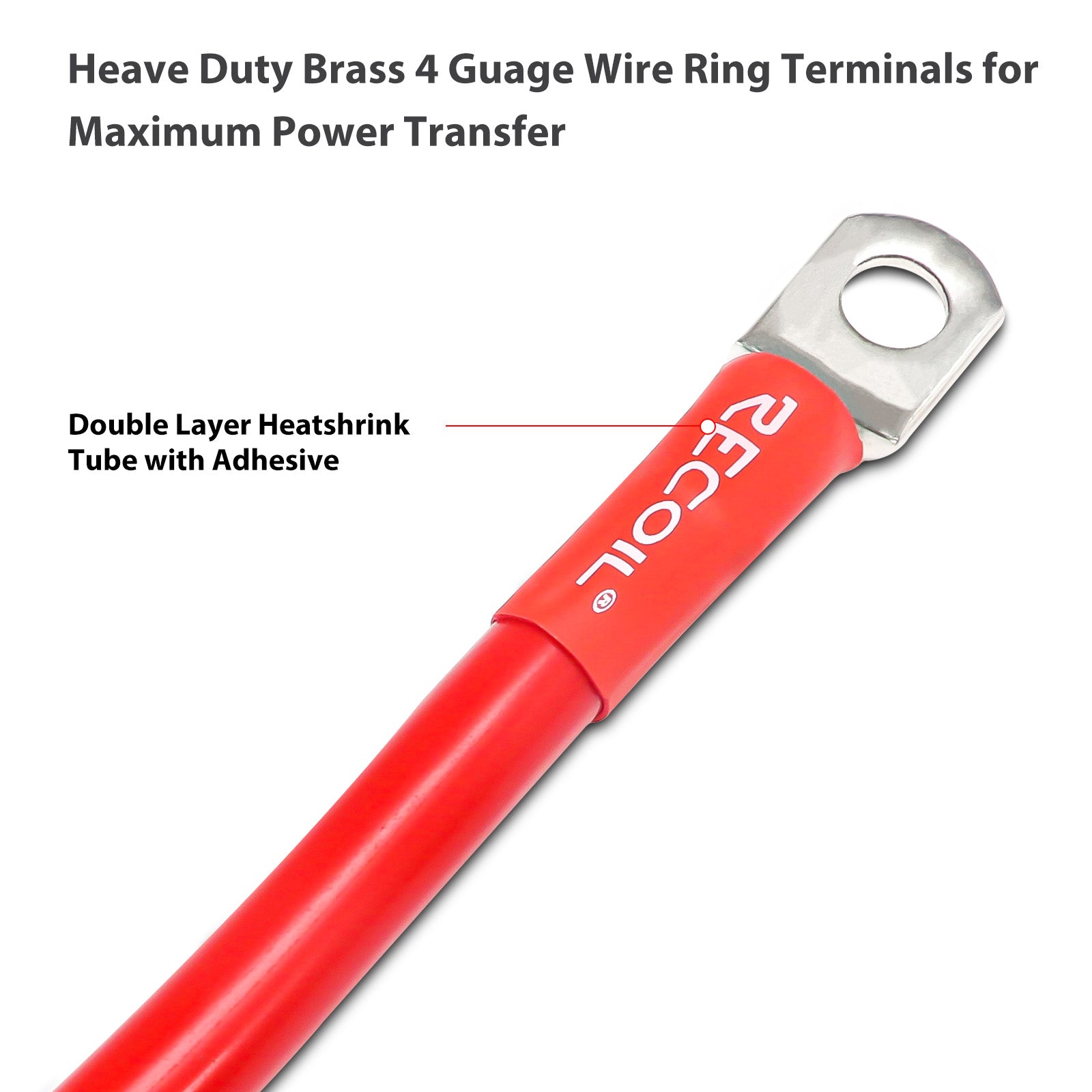 RT4-8K - 8pcs 4awg 3/8” and 4awg 5/16” Copper Ring Terminals, Cable Lugs, Wire Lugs, Heavy Duty Battery Lugs, with 8pcs Heat Shrink Tubing