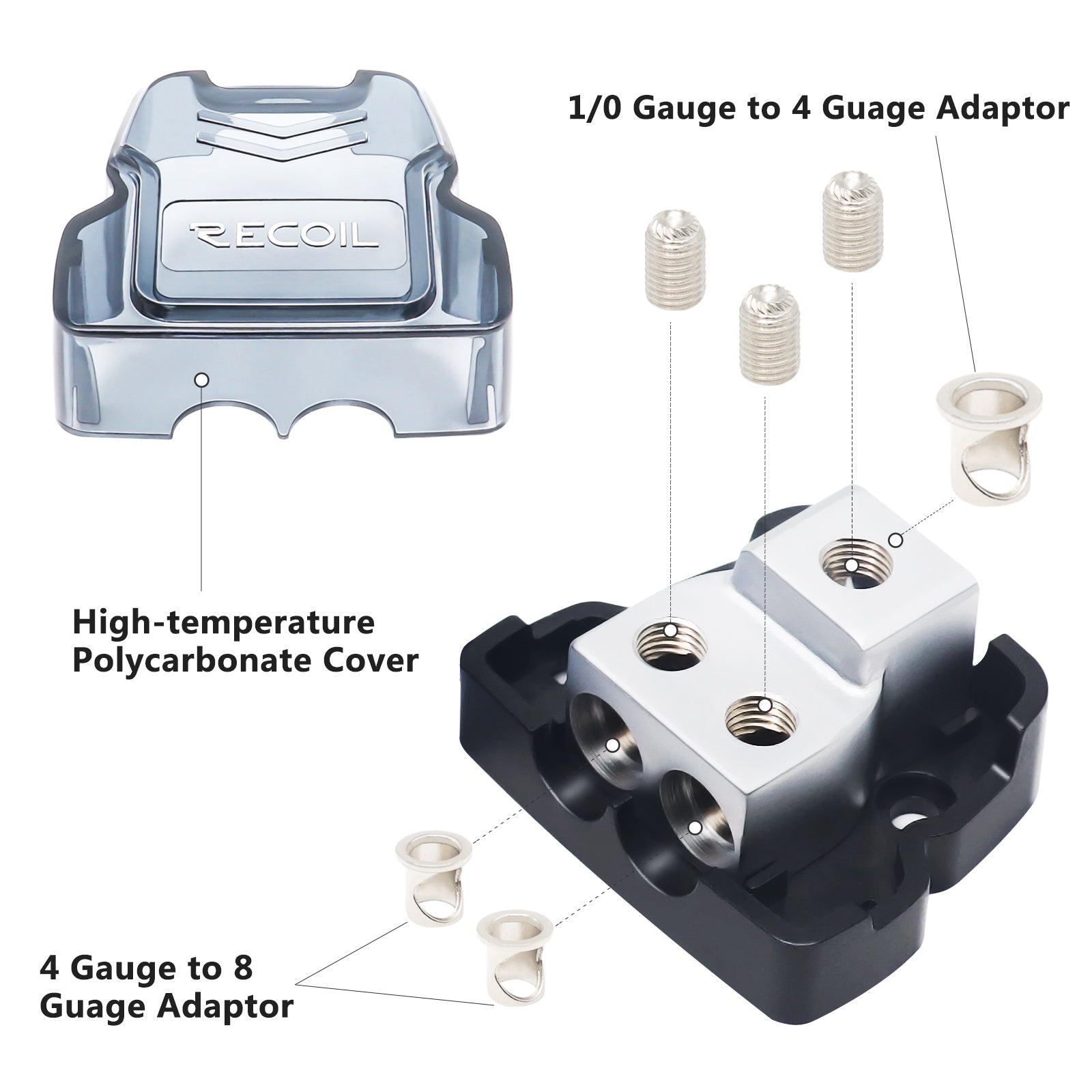 ZDB12P - 2-way Power Distribution Block, 1 X 0/2/4 Gauge in / 2 X 4/8 Gauge Out Power Distribution Ground Distributor Block for Car Audio Amplifier Splitter 2 Pack