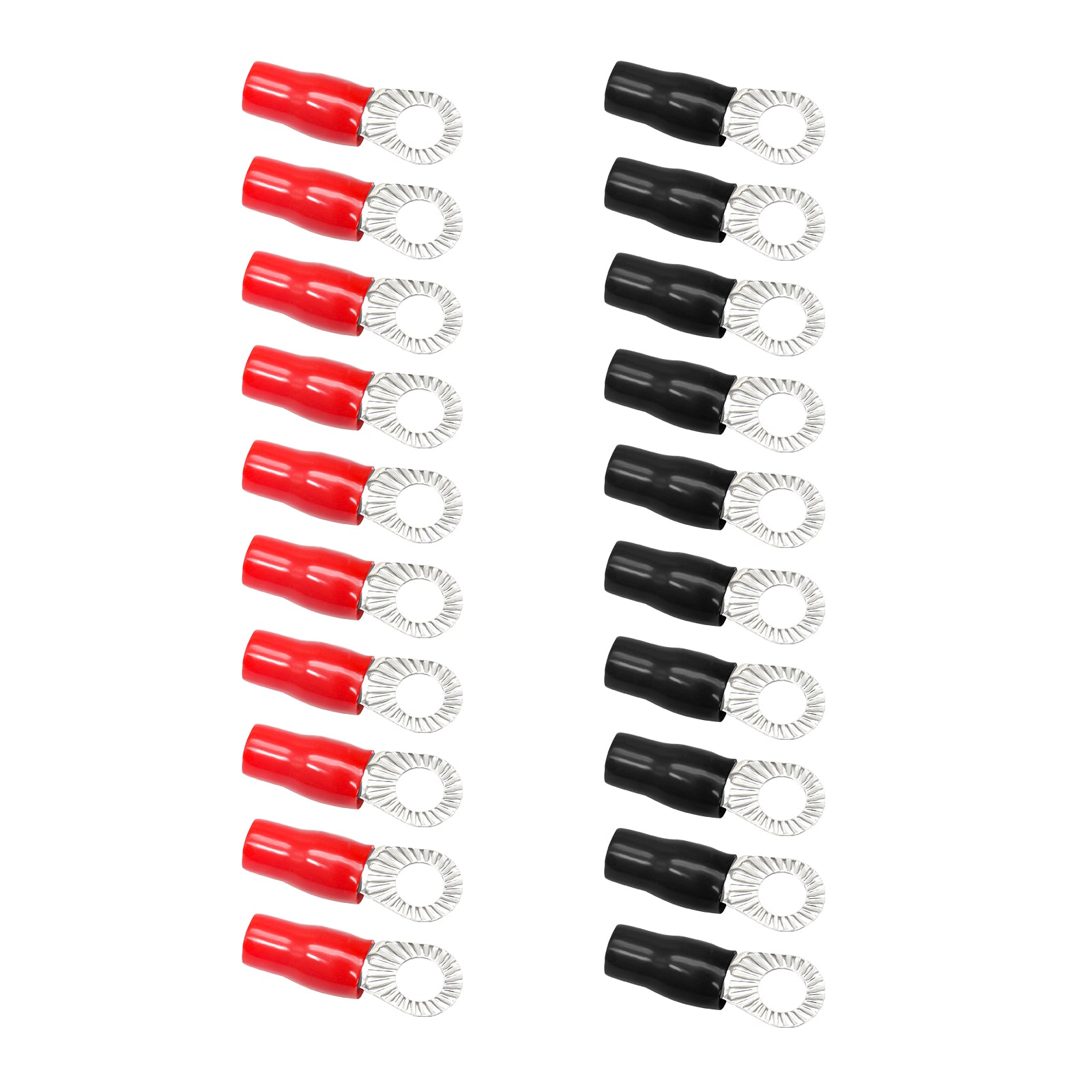 RT438-20 - 20pcs 4awg Copper Ring Terminals, 3/8” Ring Hole, Shiny Nickel Plated Crimp Ring Terminals with 20pcs Red & Black Soft Boots